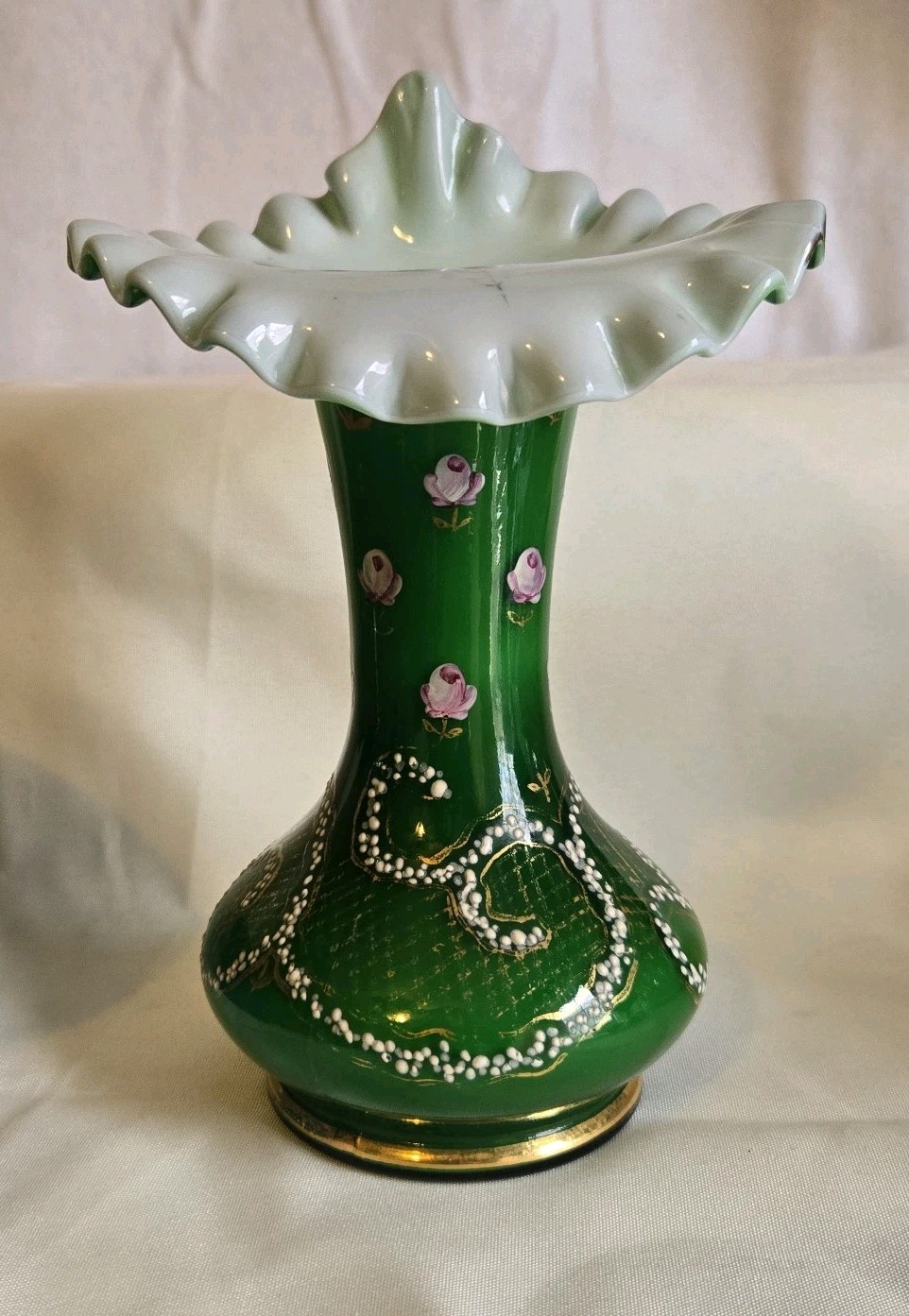 RARE VTG FENTON CHARLETON ROSE IVY GREEN VASE JACK IN THE PULPIT Only 100 Made
