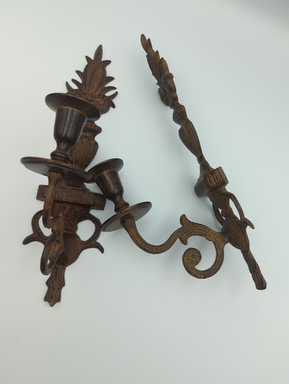 Pair Vintage Cast Bronze Wall Sconces Pineapple Candle Holders Hollywood Regency