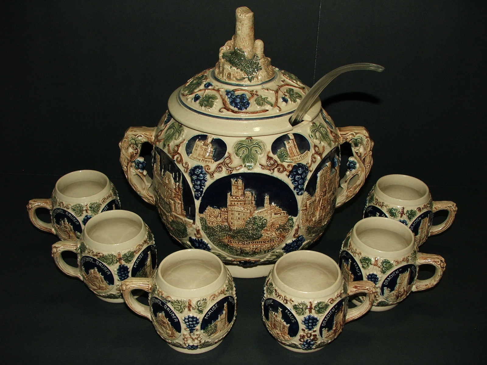 Antique Germany cover pottery stein looking juice tureen w/ 6 mugs/cups STUNNING Antique Germany cover pottery stein looking juice tureen w/ 6 mugs/cups STUNNING