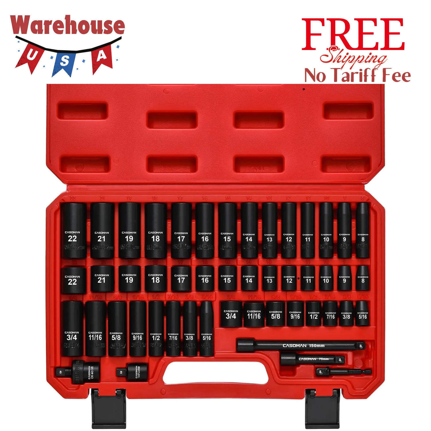 49 Piece 3/8 Inch Drive Impact Socket Set SAE and Metric 6 Point Cr-V Steel