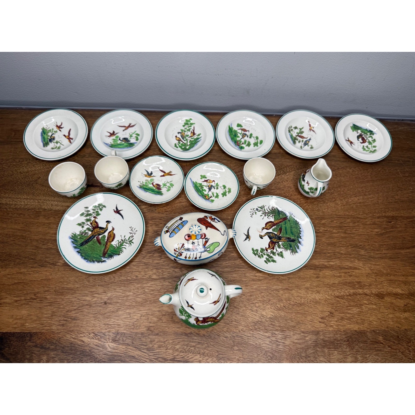 Lot of 16 Wedgwood Etruria England Porcelain Bird Pheasant Tea Set Cups Dishes