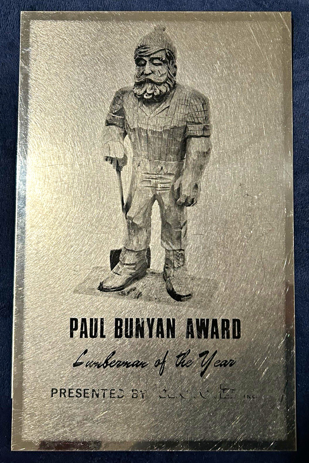 Paul Bunyan Lumberman of the Year Award Copper Plaque Plate Metal Art