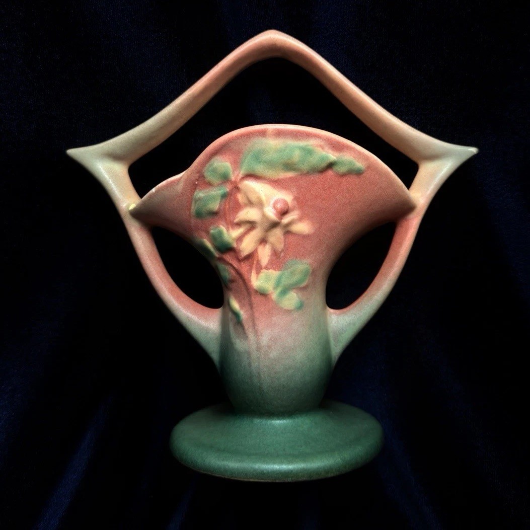 Roseville Pottery Columbine Pink Handled Basket Vase 365-7 Antique As Is Crack