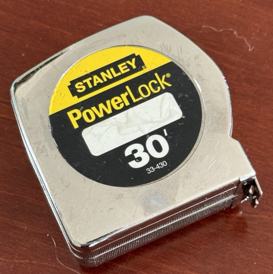Vintage Stanley PowerLock 30\' Tape Measure 33-430 Chrome Case Tested Works Great