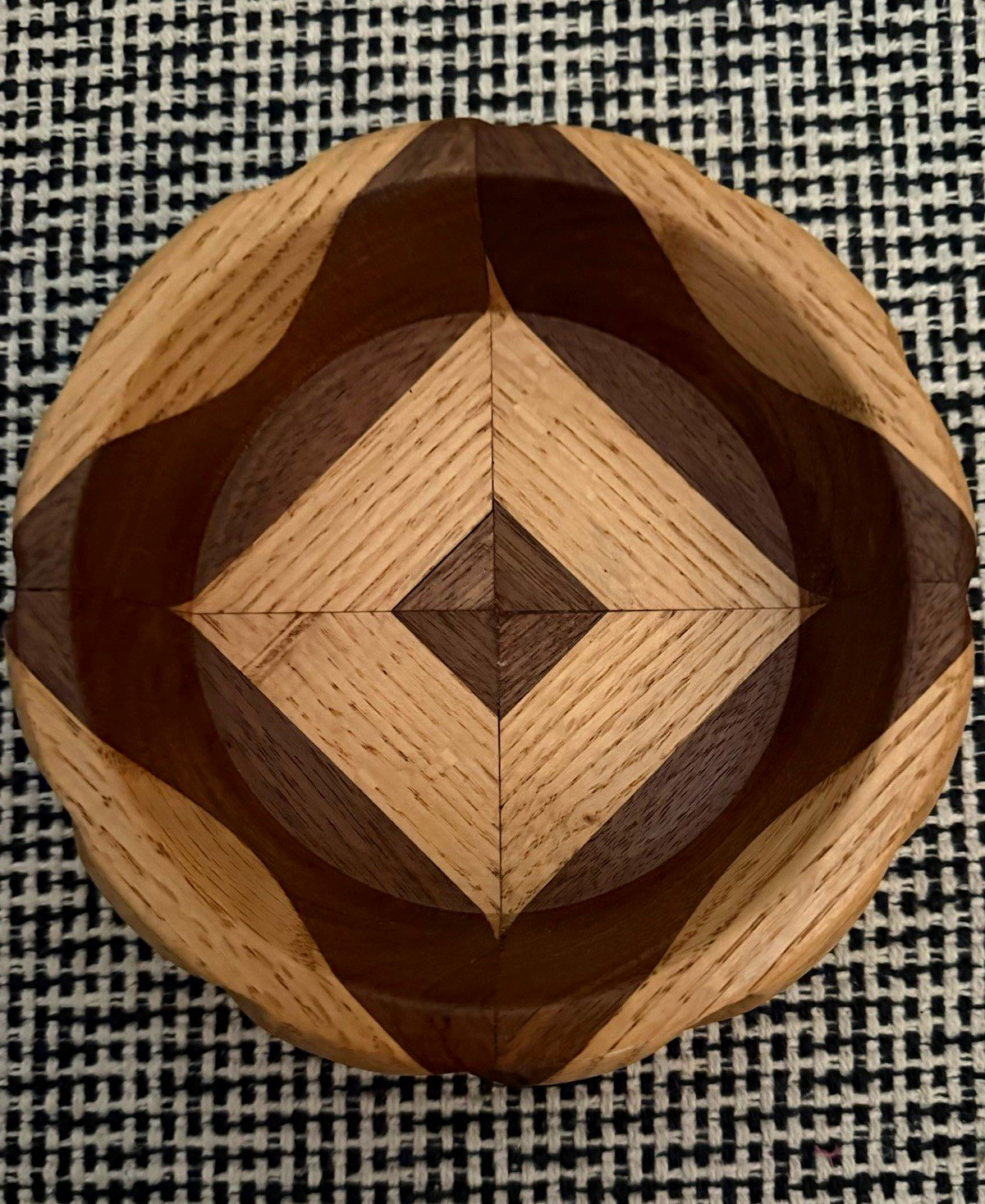 Vintage Handcrafted Geometric Mix Wood Bowl Brown Tan Round 6” Diameter