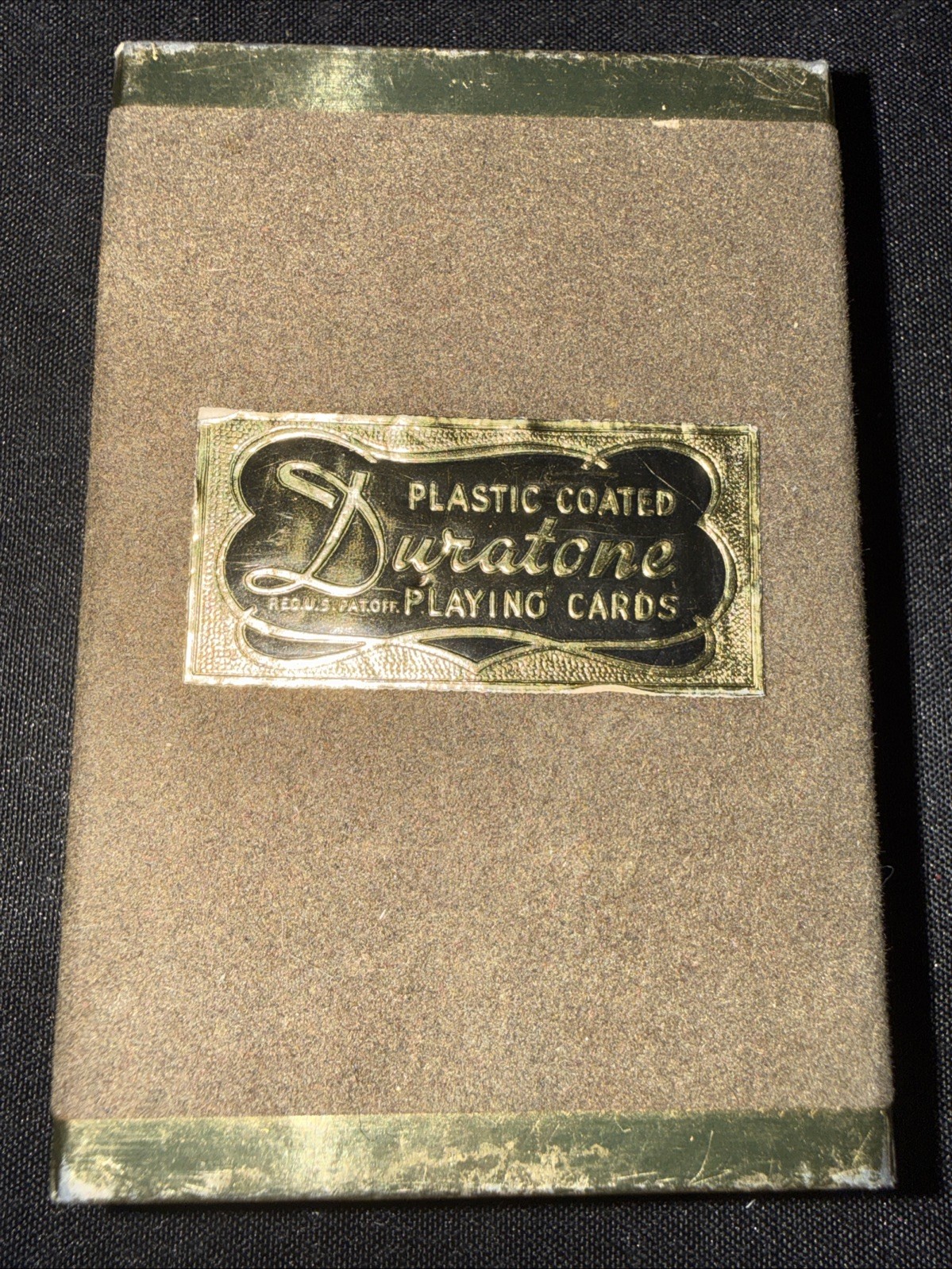 Vintage Duratone Plastic Coated Playing Cards in Tan and gold box.