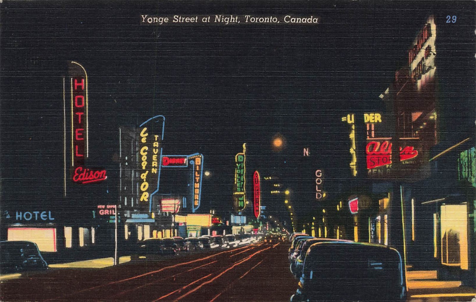 TORONTO ON CANADA - YONGE STREET AT NIGHT - NEON SIGNS - C1950 LINEN PC - 091426