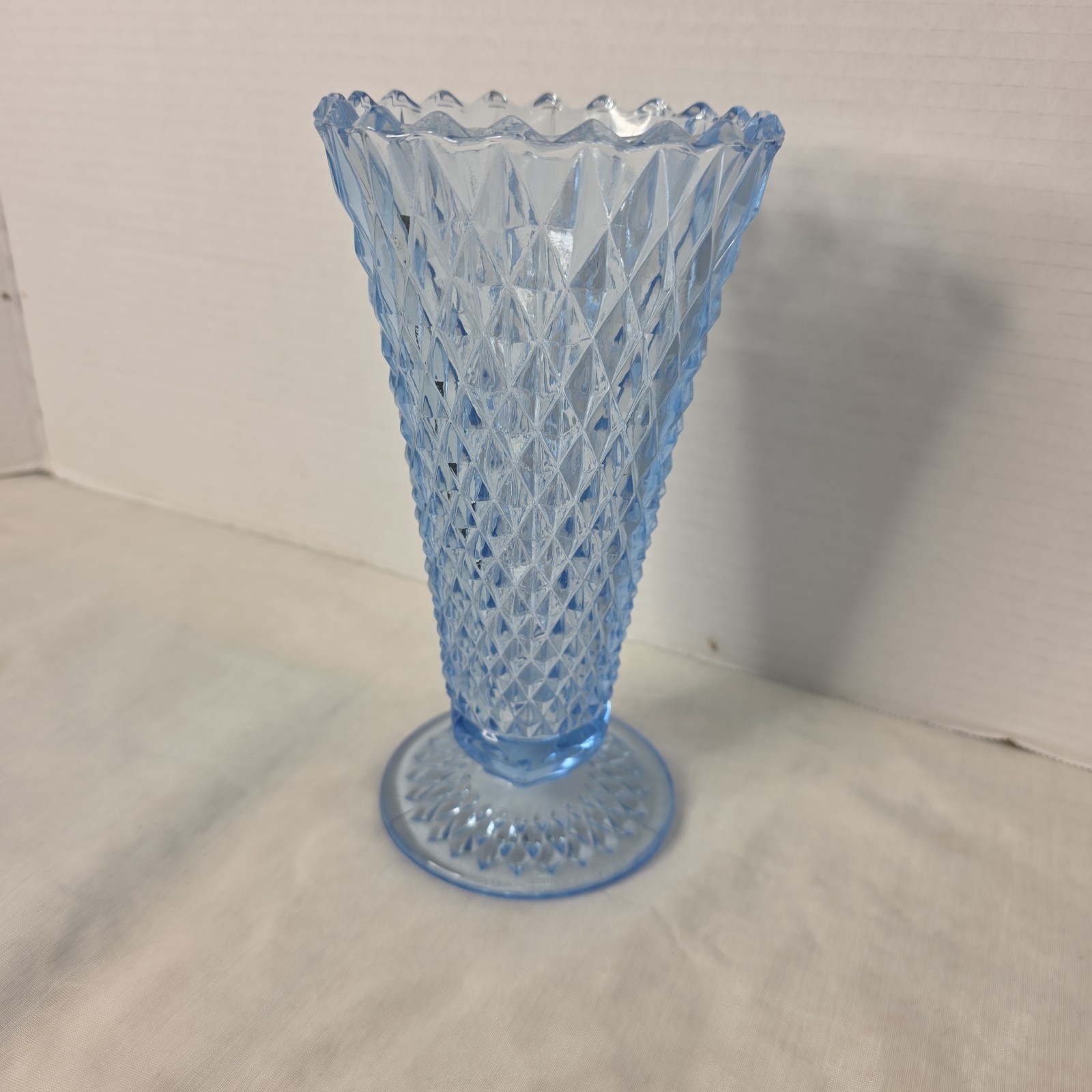 Vtg. Indiana Pressed Glass, ICE BLUE, DIAMOND POINT Footed VASE