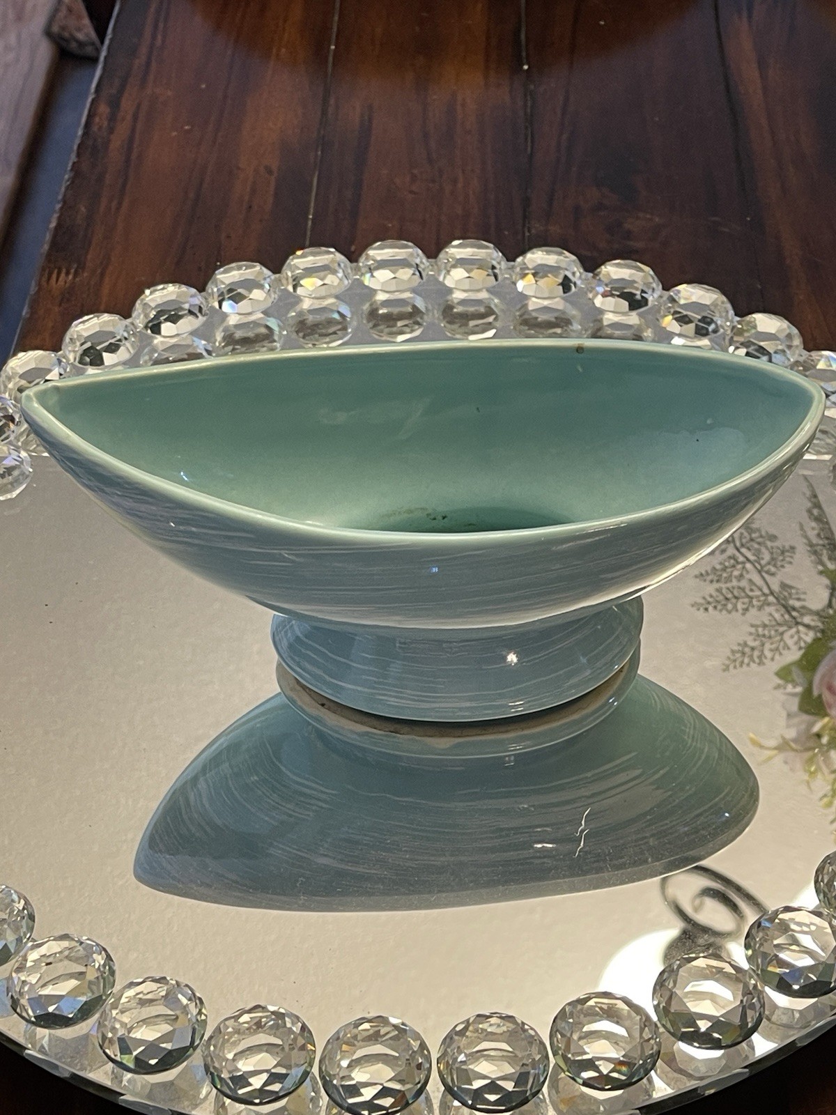 McCoy Art Pottery Turquoise Aqua Blue Harmony Line Planter Bowl Pedestal Retro