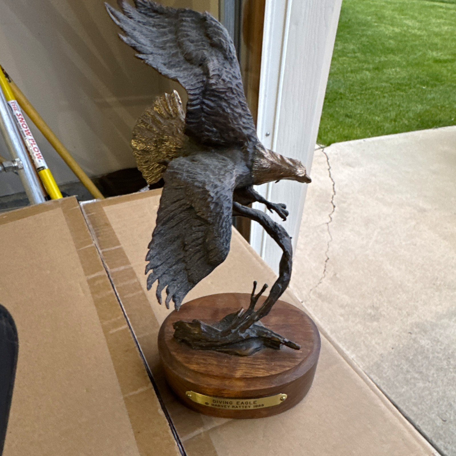 Harvey Rattey Diving Eagle Bronze Figurine Sculpture on Wood Base 1988