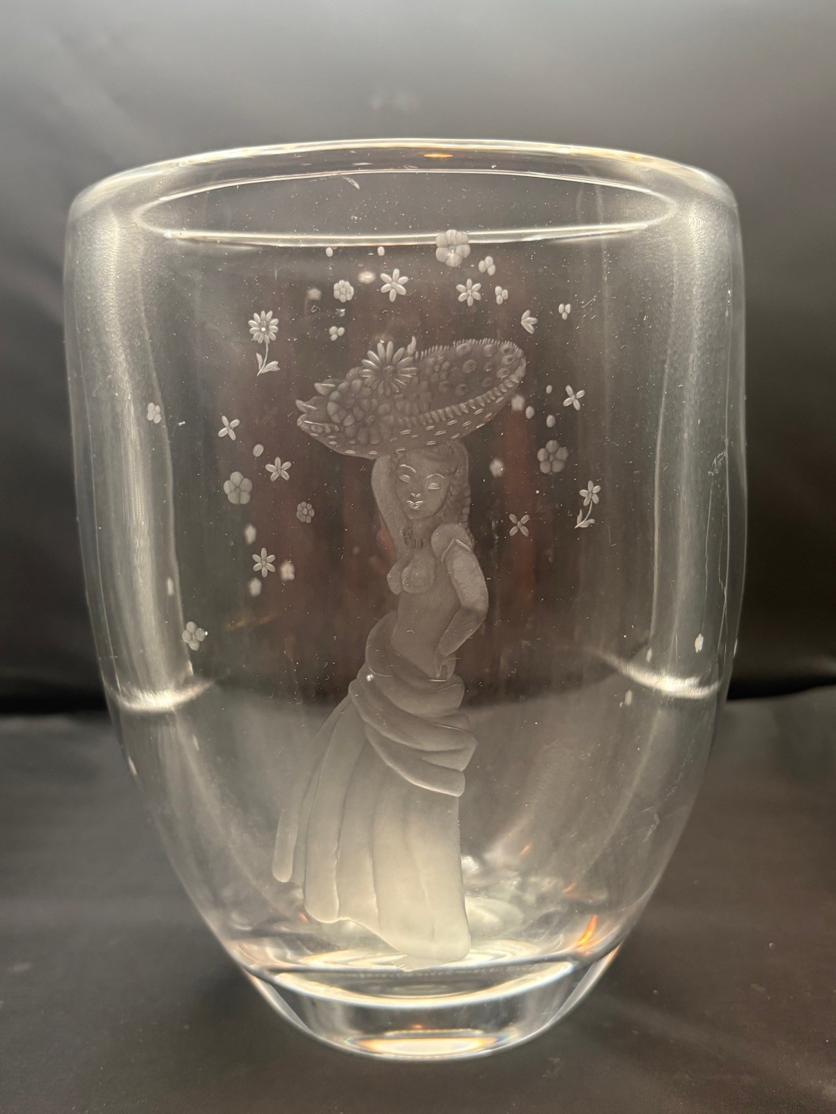 Vtg Orrefors Öhrström Crystal Vase Engraved Semi-nude Lady Carrying Fruit Basket