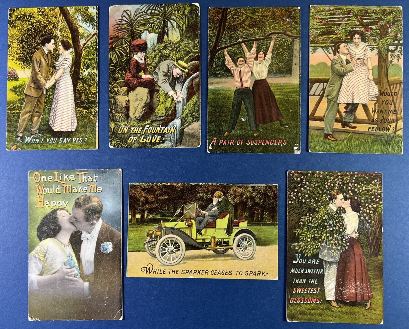 Mixture 7 Romance Couples Greetings Antique Postcards. Color, Drawn, Auto. 1913