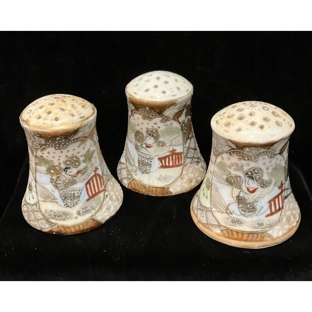 3 Gilded Antique Nippon Japan Oriental Hand Painted Hatpin Holders Gold Moriage