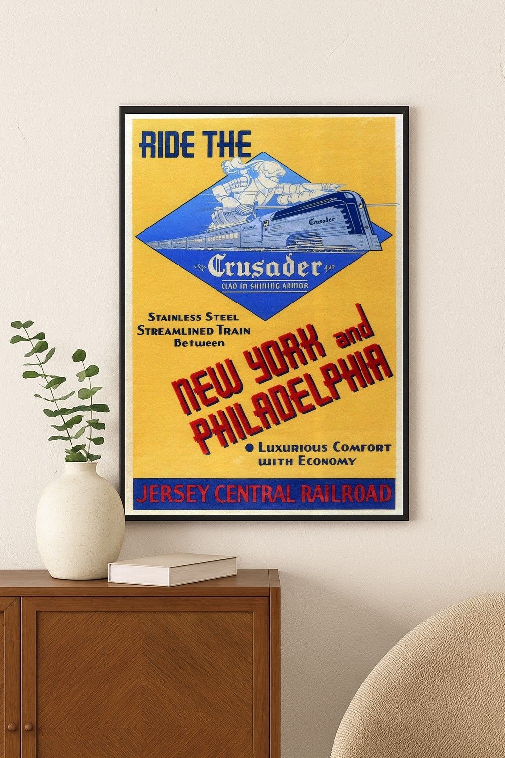 🚂 Vintage c1930s Crusader Train Poster - New York to Philadelphia 24x32”