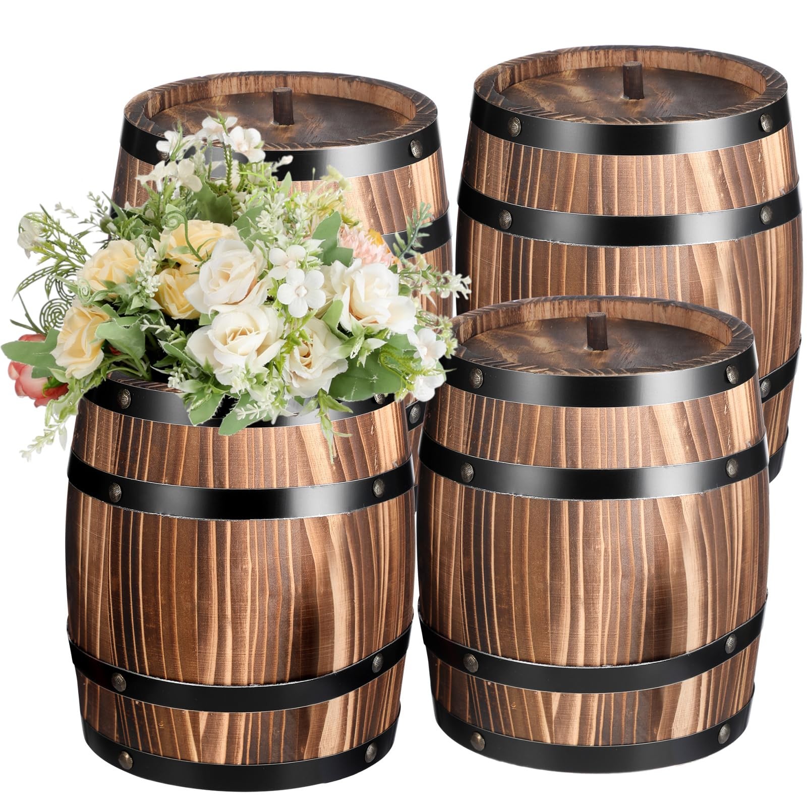 GlikCeil 4 Pcs Wood Wine Barrel Vase 8 x 6.5 Inch Rustic Planter