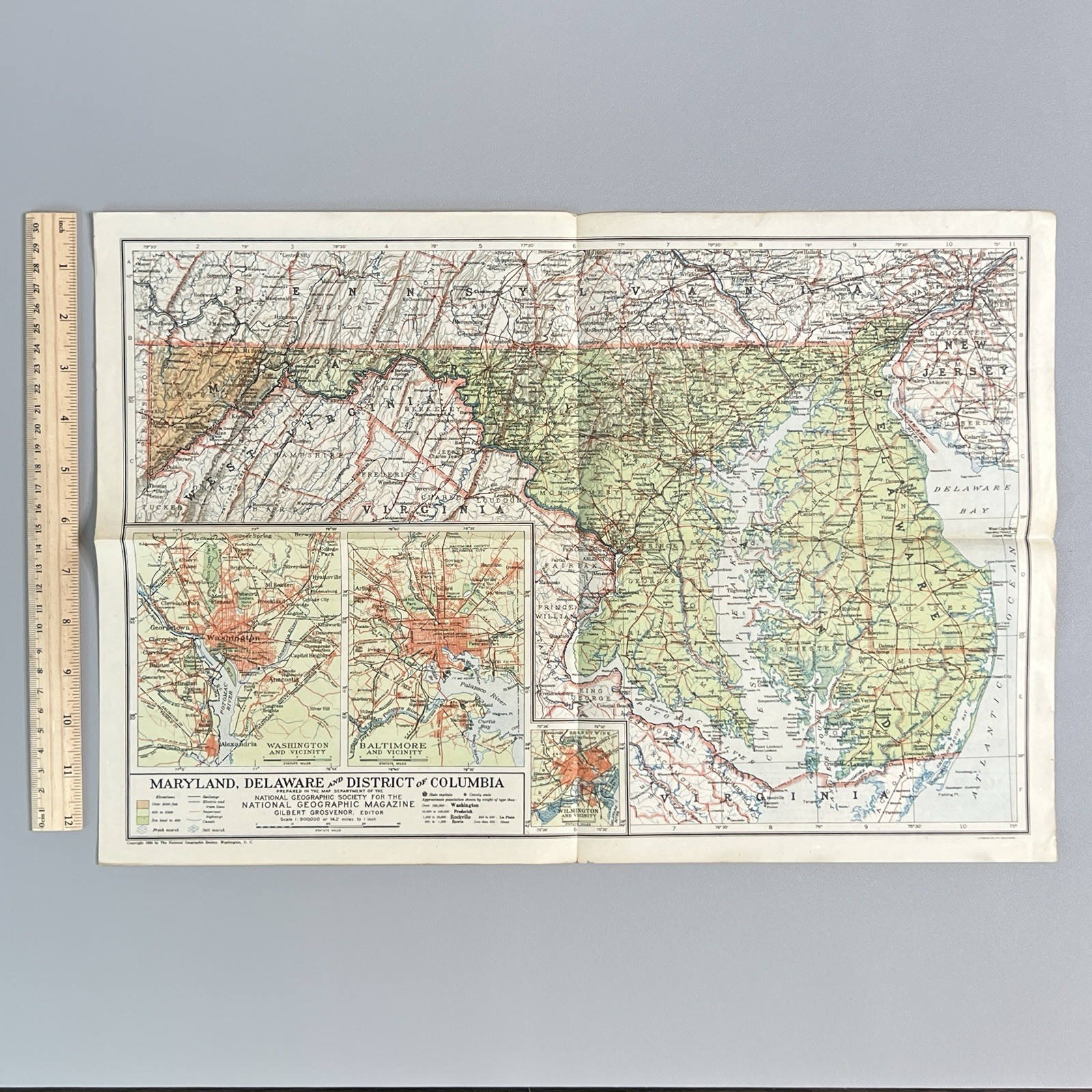 Vtg 1925 National Geographic Map Maryland Delaware Washington DC Baltimore MD