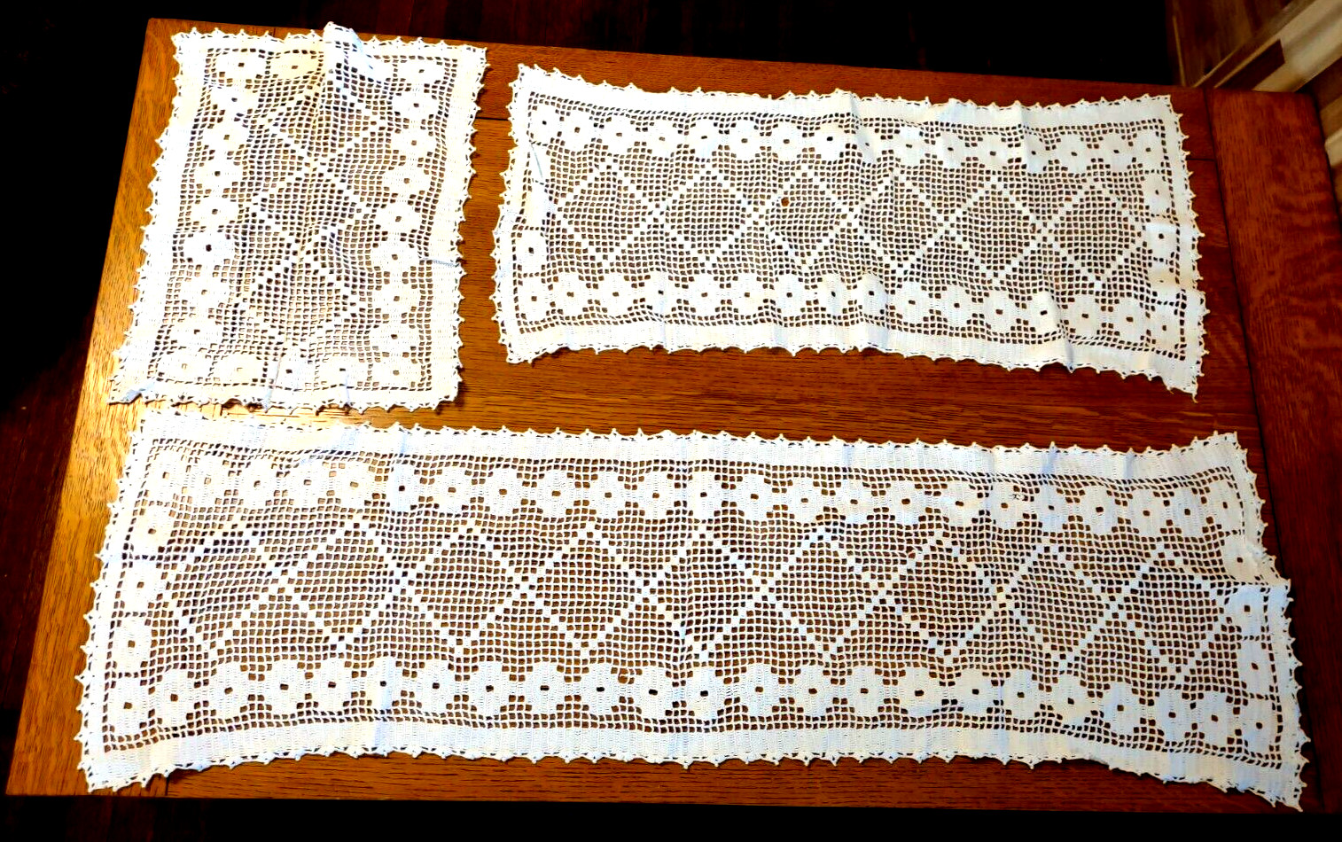 3 VTG Doily Crocheted Table Runner Off White Diamonds & Donuts Pattern