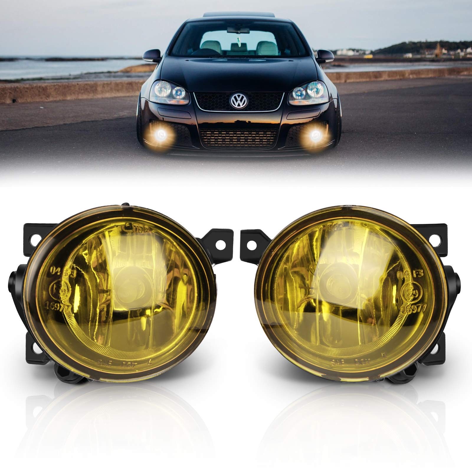 Pair Fog Lights for 2006-09 VW GTI 2006-10 Jetta Yellow Lens HB4 9006 Bulbs