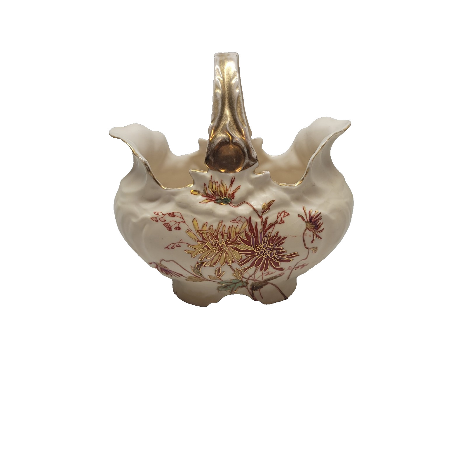 Basket Flowered Painted Vintage Ceramic Porcelain Gold Gilt Handle #35.