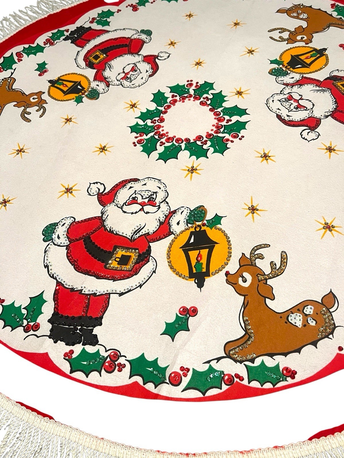VTG 1960s MCM Bucilla Felt Christmas Tree Skirt Uncut Tabletop Santa Reindeer