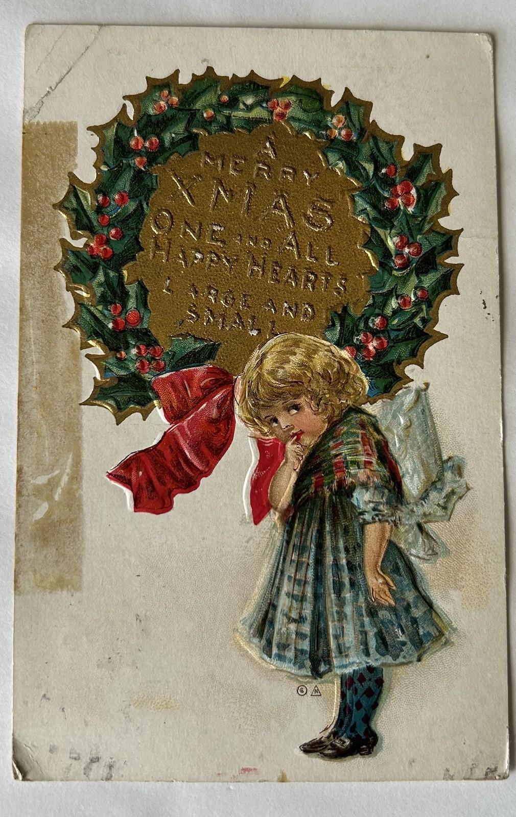 Vintage 1910 Christmas Postcard Girl Wreath Embossed Antique Card PC10