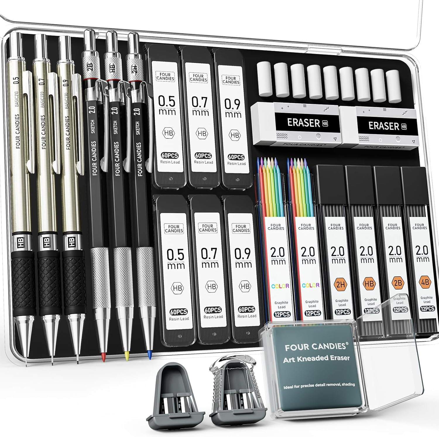 Four Candies 25PCS Art Mechanical Pencil Set with Case, 3PCS Metal Artist Lead P