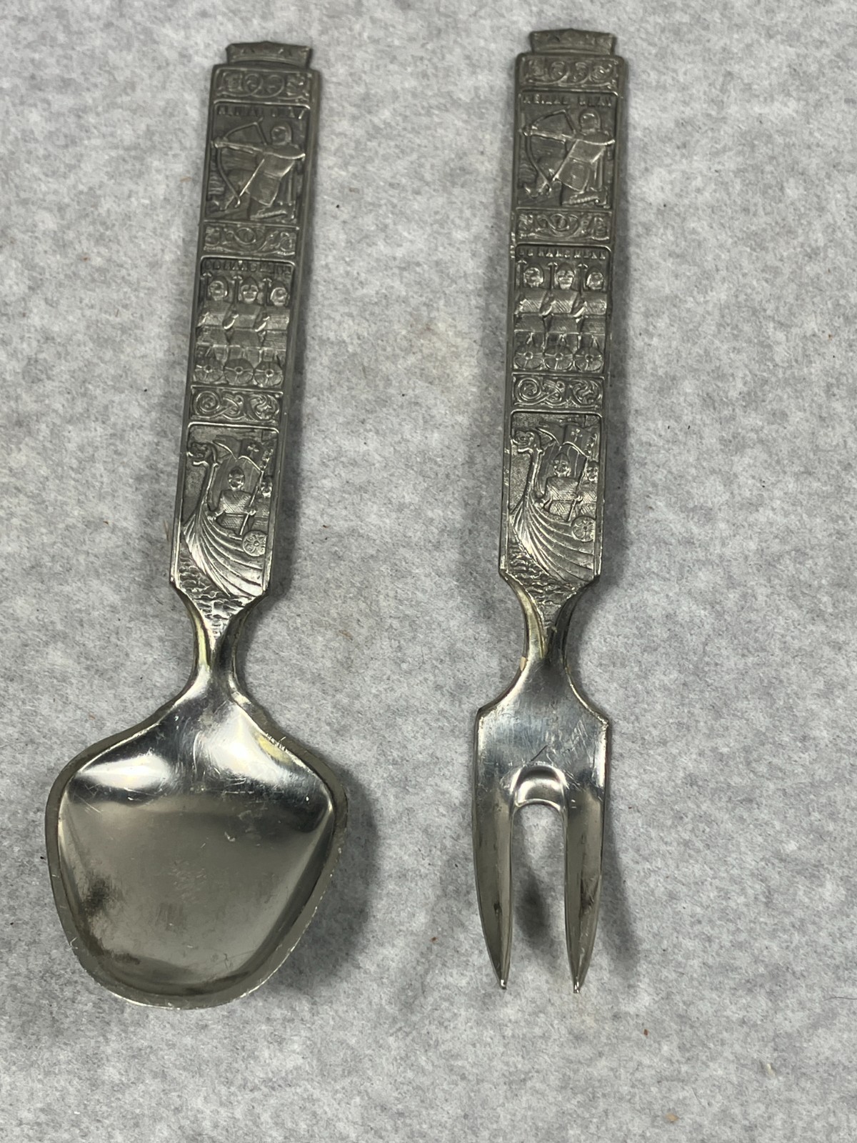 Vintage Norway Pewter Salad Spoon & Fork Set Viking Pattern