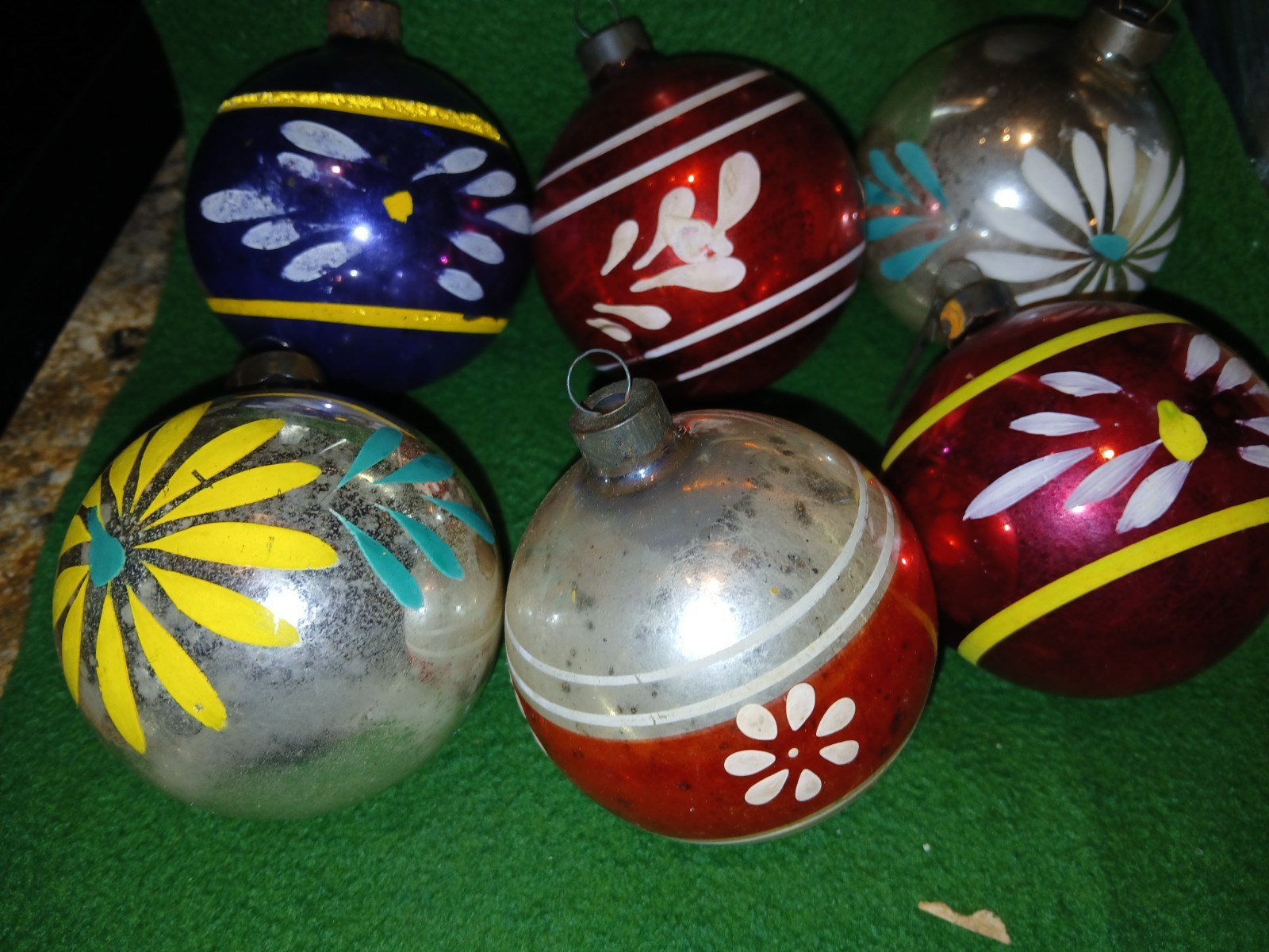 6 Vtg  US Made Ornaments ~1940 Heim? 3 inch Painted  Ornaments