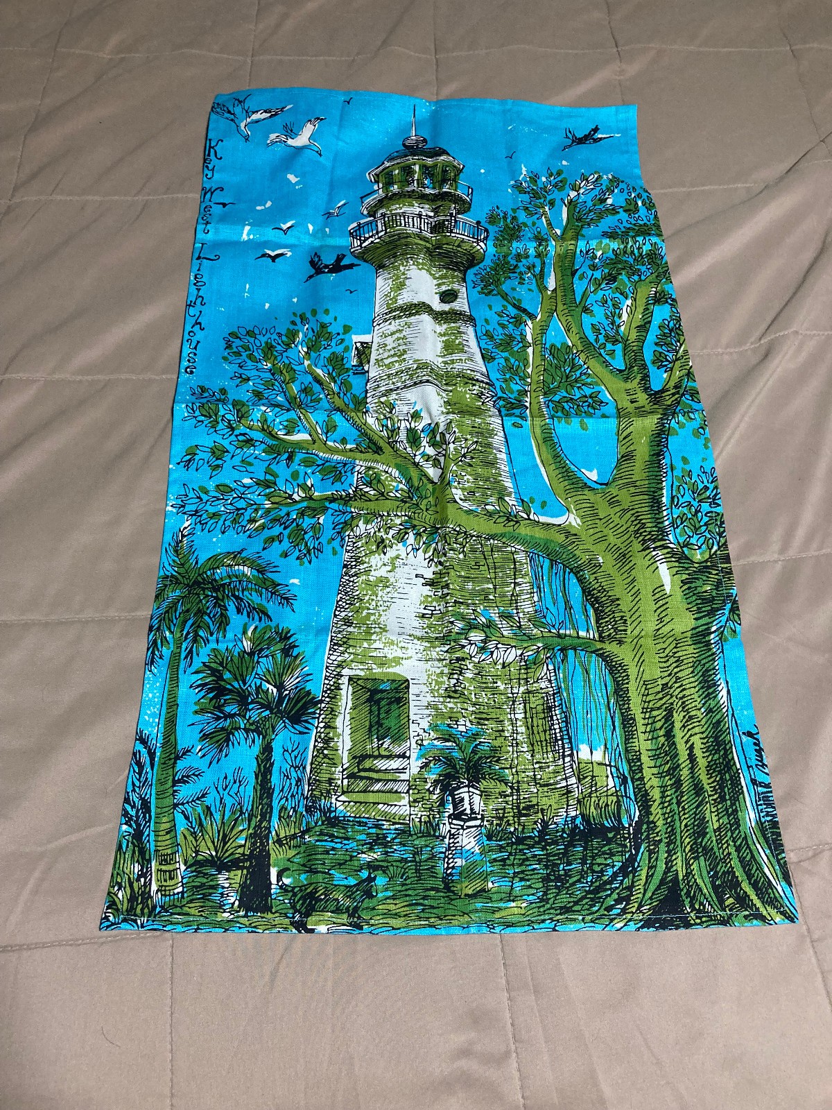 Vintage Key West Fabrics Lighthouse & Tree Blue Linen Tea Towel Susie Zuzek MINT