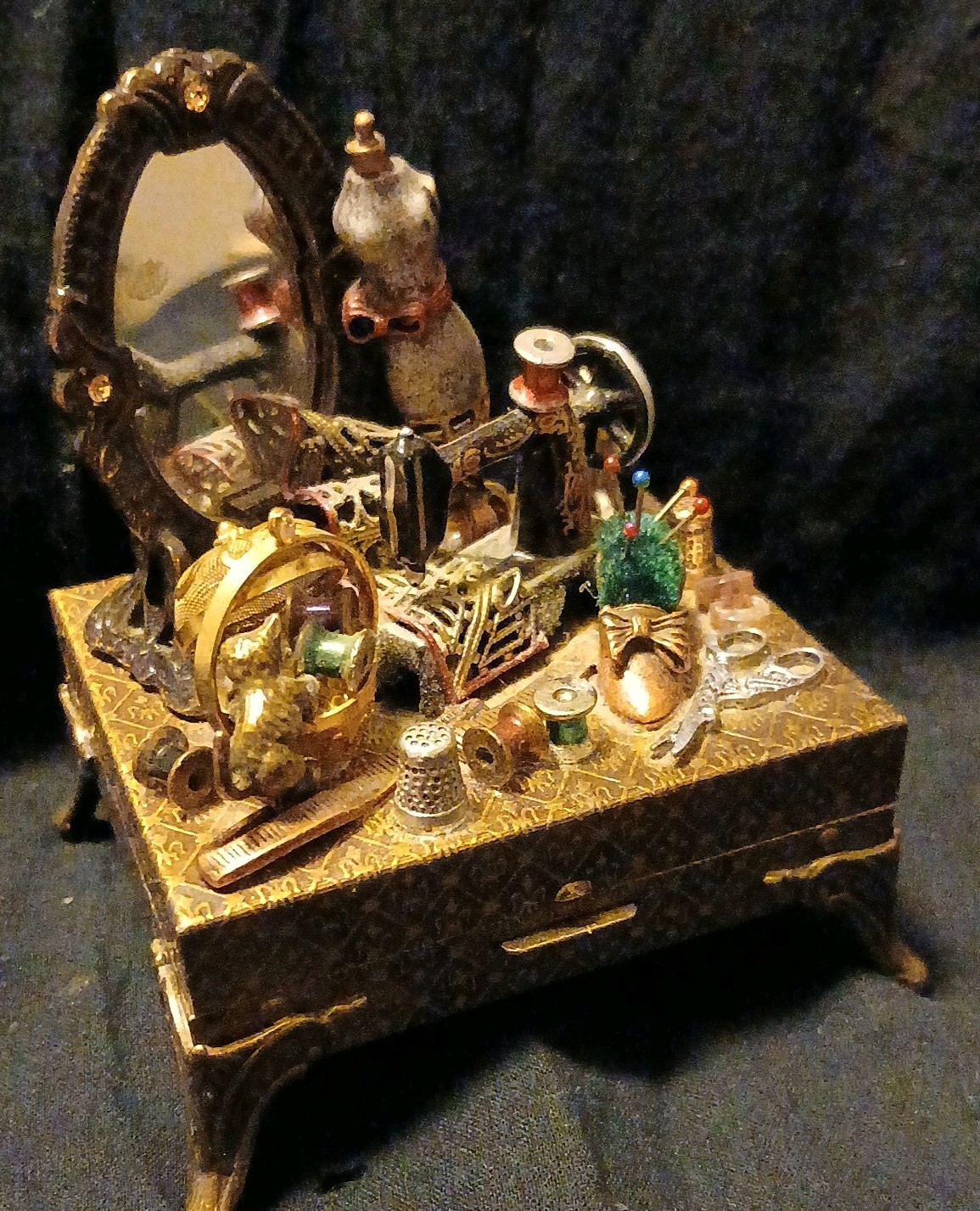 Vntg SWEET ROMANCE Hinged 3D Trinket Box Seamstress Sewing Table Brass Small Vntg SWEET ROMANCE Hinged 3D Trinket Box Seamstress Sewing Table Brass Small
