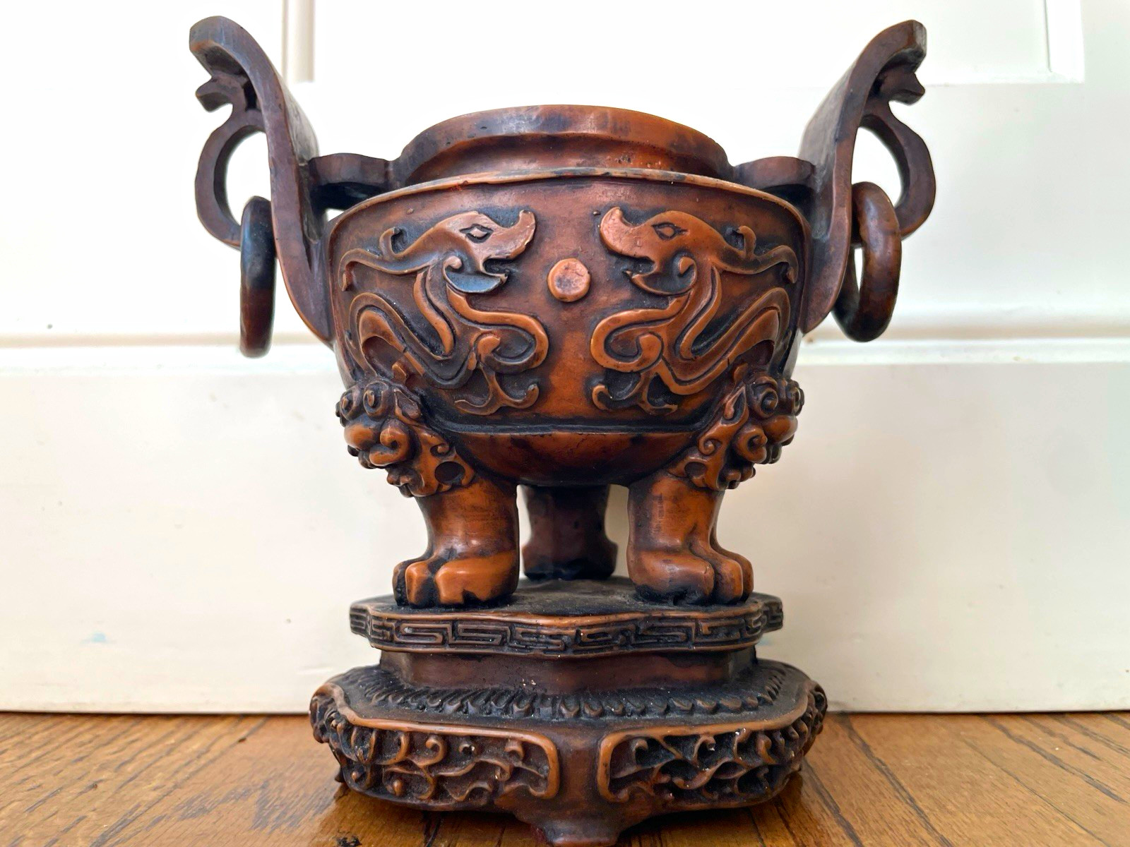 Vintage Chinese Carved Wood Ding Censer Urn Dragon Phoenix 8” Vintage Chinese Carved Wood Ding Censer Urn Dragon Phoenix 8”