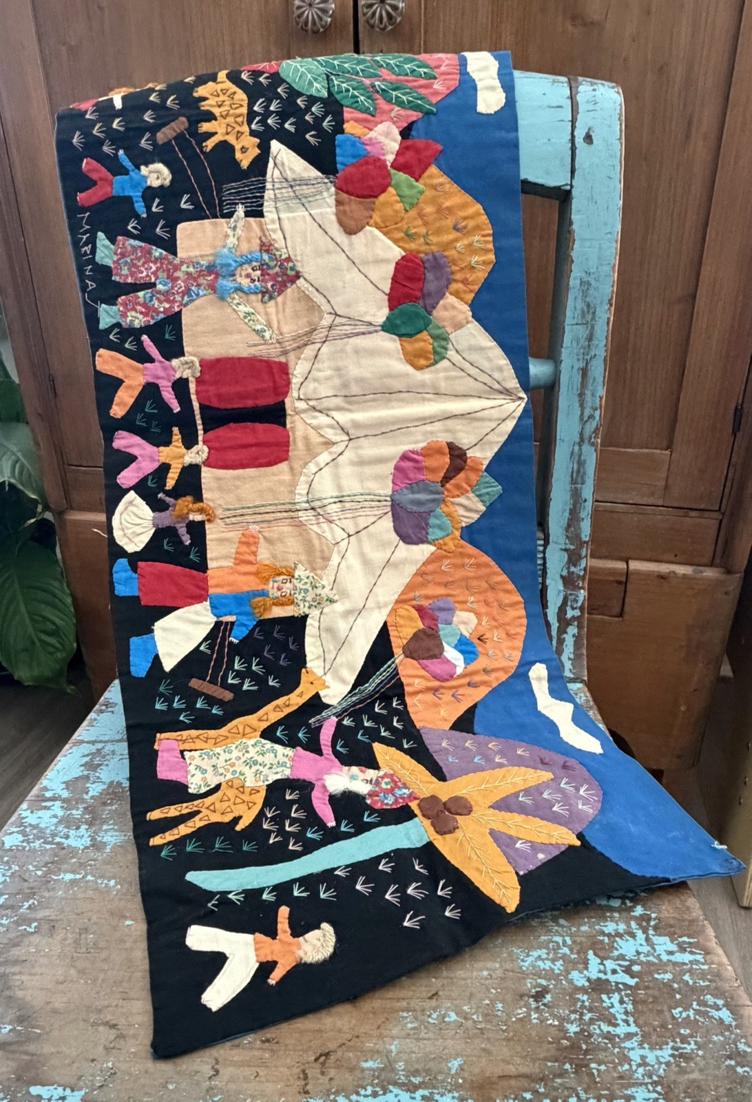 Vintage Arpillera Circus Folk Art Textile Hand Embroidered Applique Wall Hanging