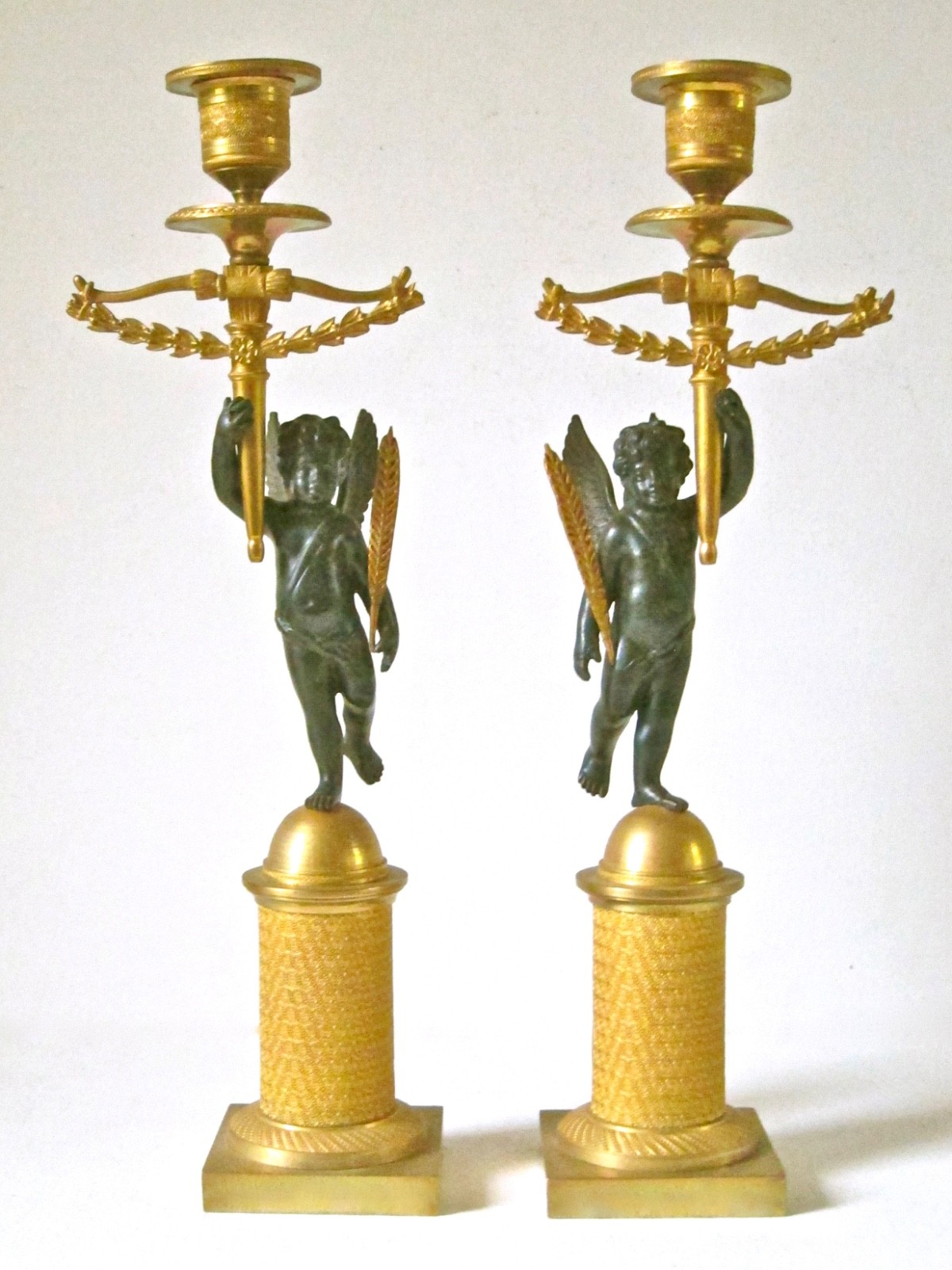 Pair French Empire Ormolu Gilt & Patinated Bronze Candlestick Holders c.1800