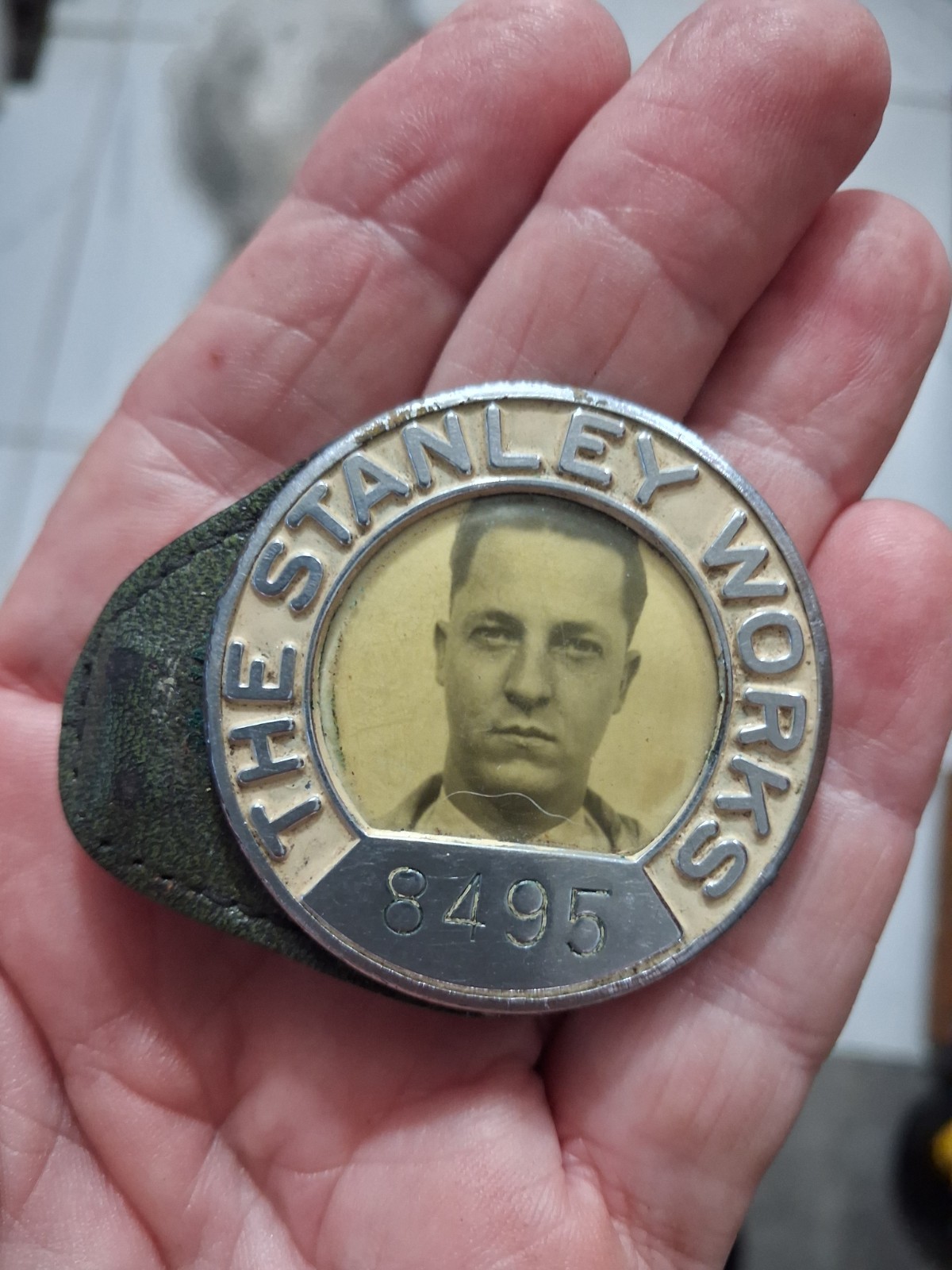 Old The Stanley Works Employee Badge New Britain Conn. EUC leather back Antique 