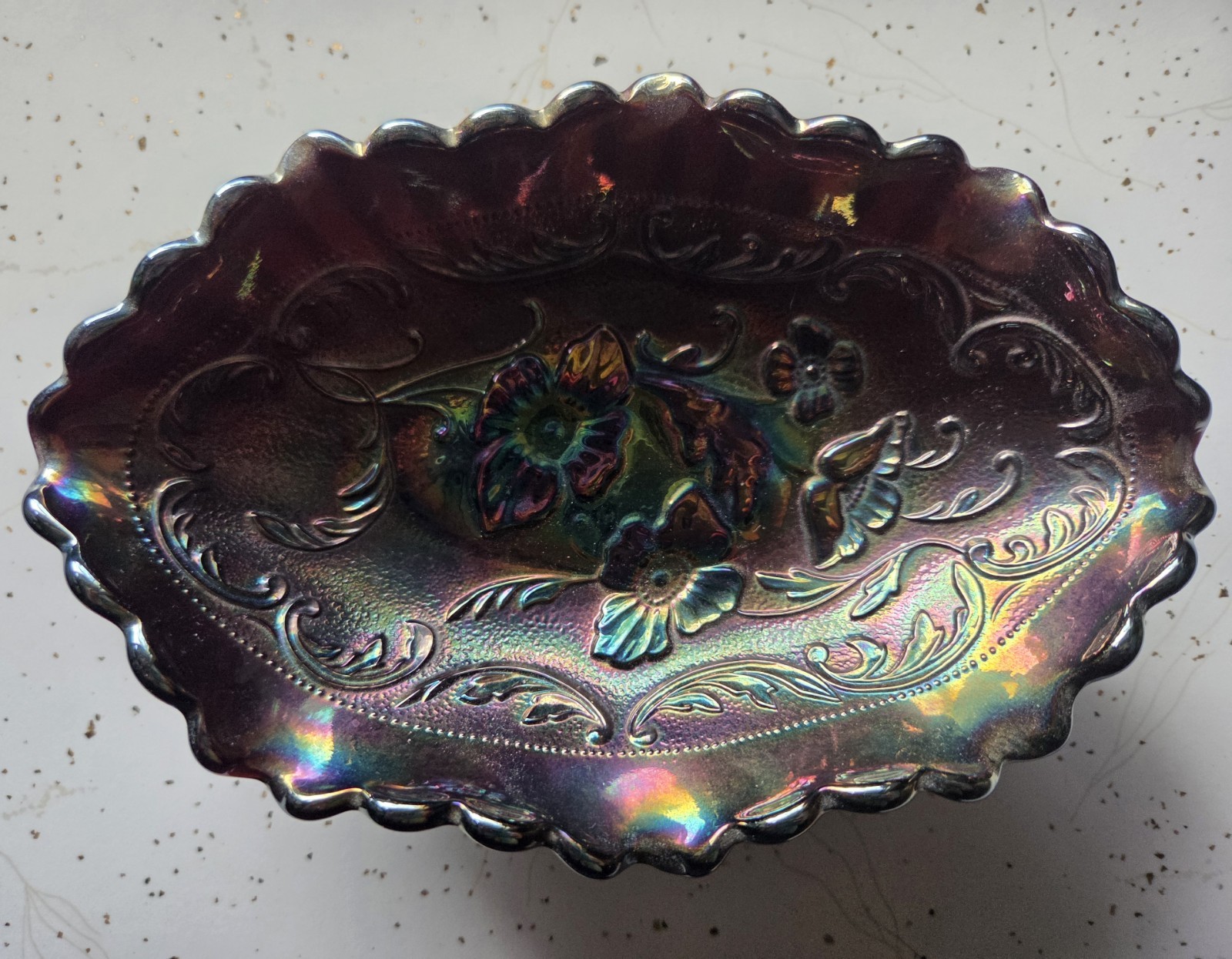 Vintage Fenton Carnival Amethyst Glass Dish Poppy Pattern