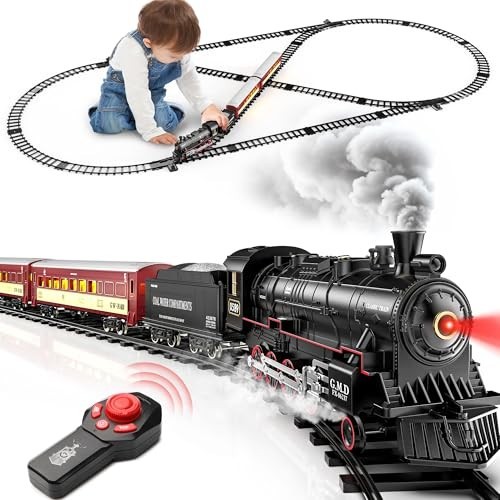 Hot Bee RC Train Set, Alloy Steam Locomotive with Light-Up Cars and Tracks Train
