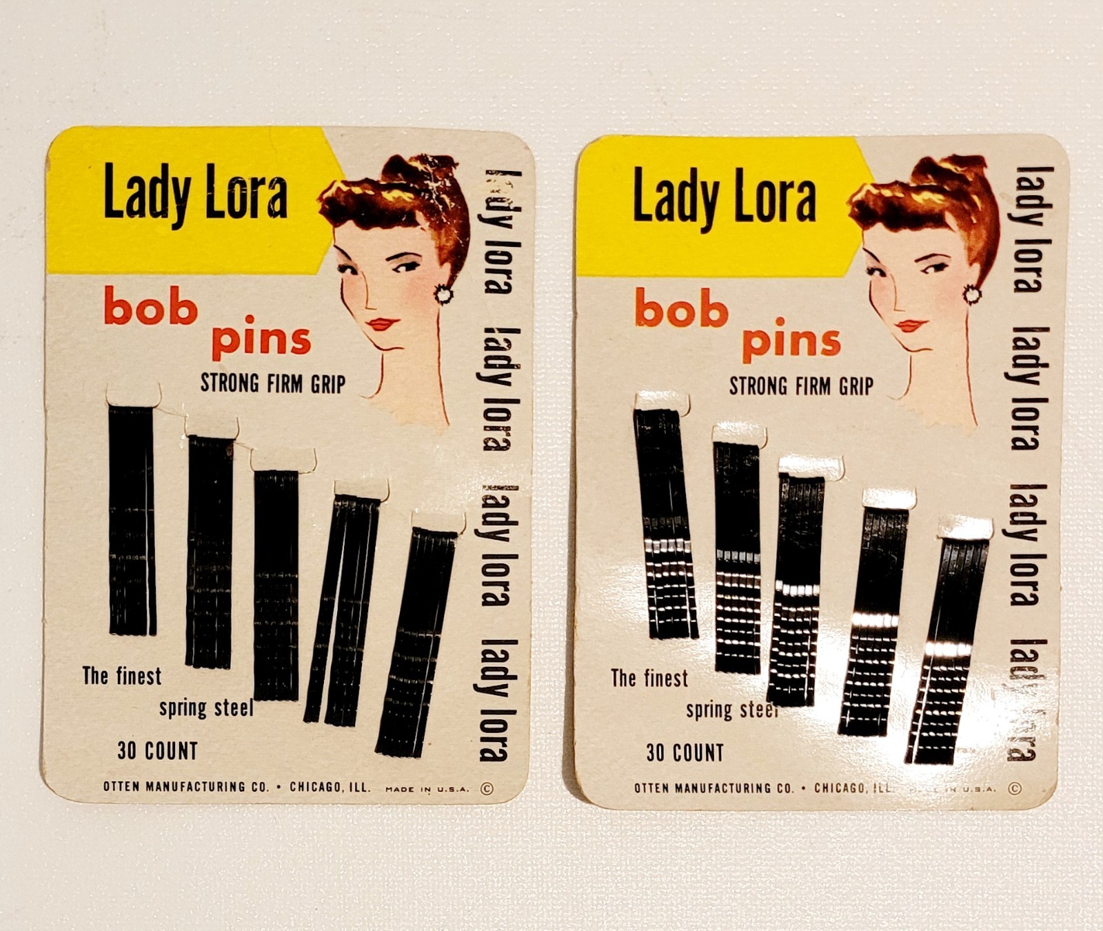 VTG 2 LADY LORA BOB PINS ON ORIGINAL STORE DISPLAY CARD- OTTEN MFG CO. CHICAGO
