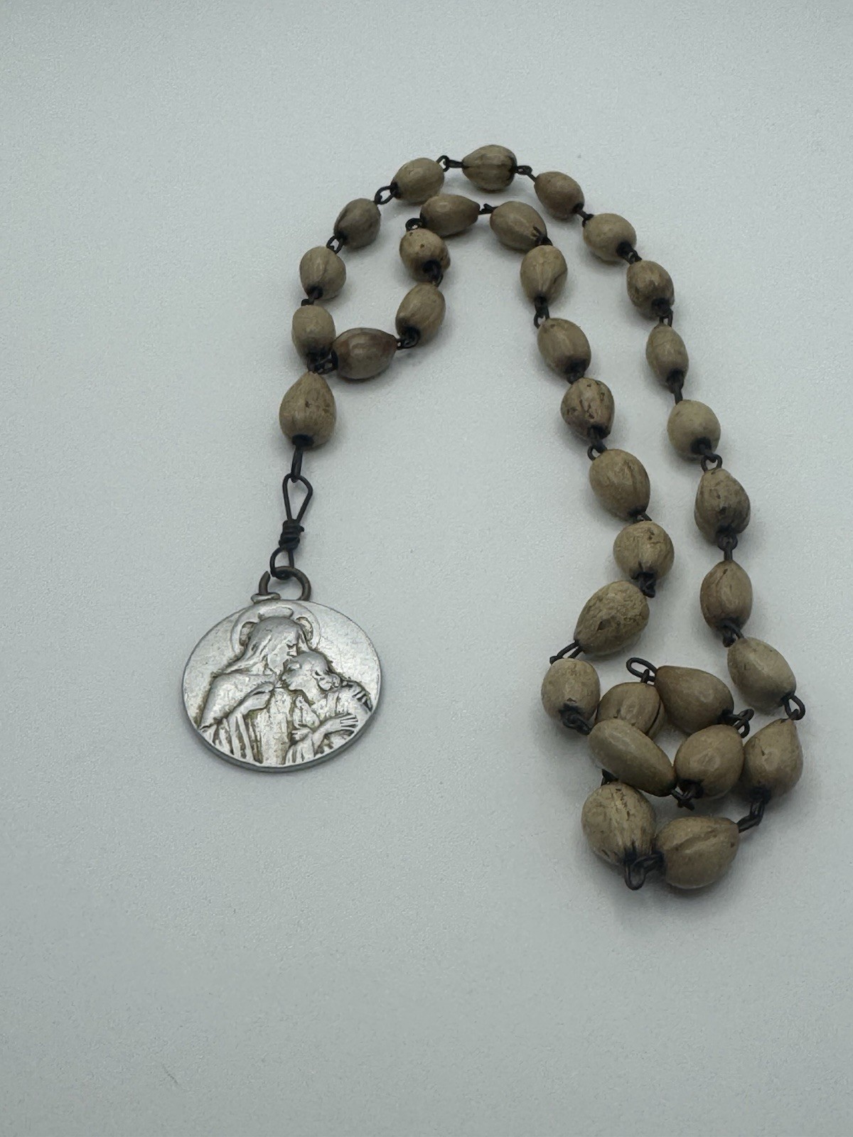 Vintage Job's Tears Seed Rosary with Sacred Heart Jesus Medal