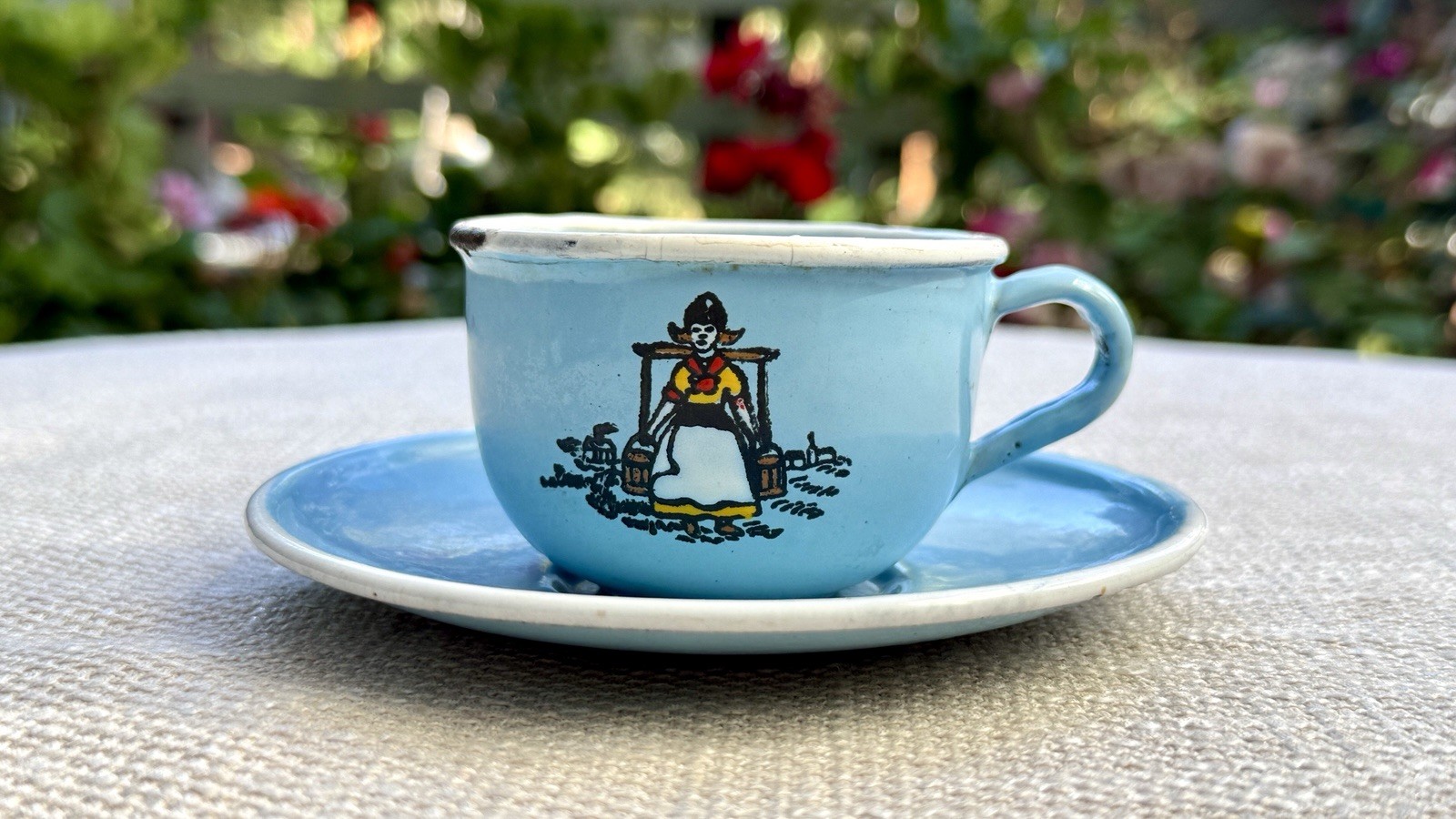 Rare Antique German Enamelware Child’s Cup & Saucer Dutch Folk 1920s-30s