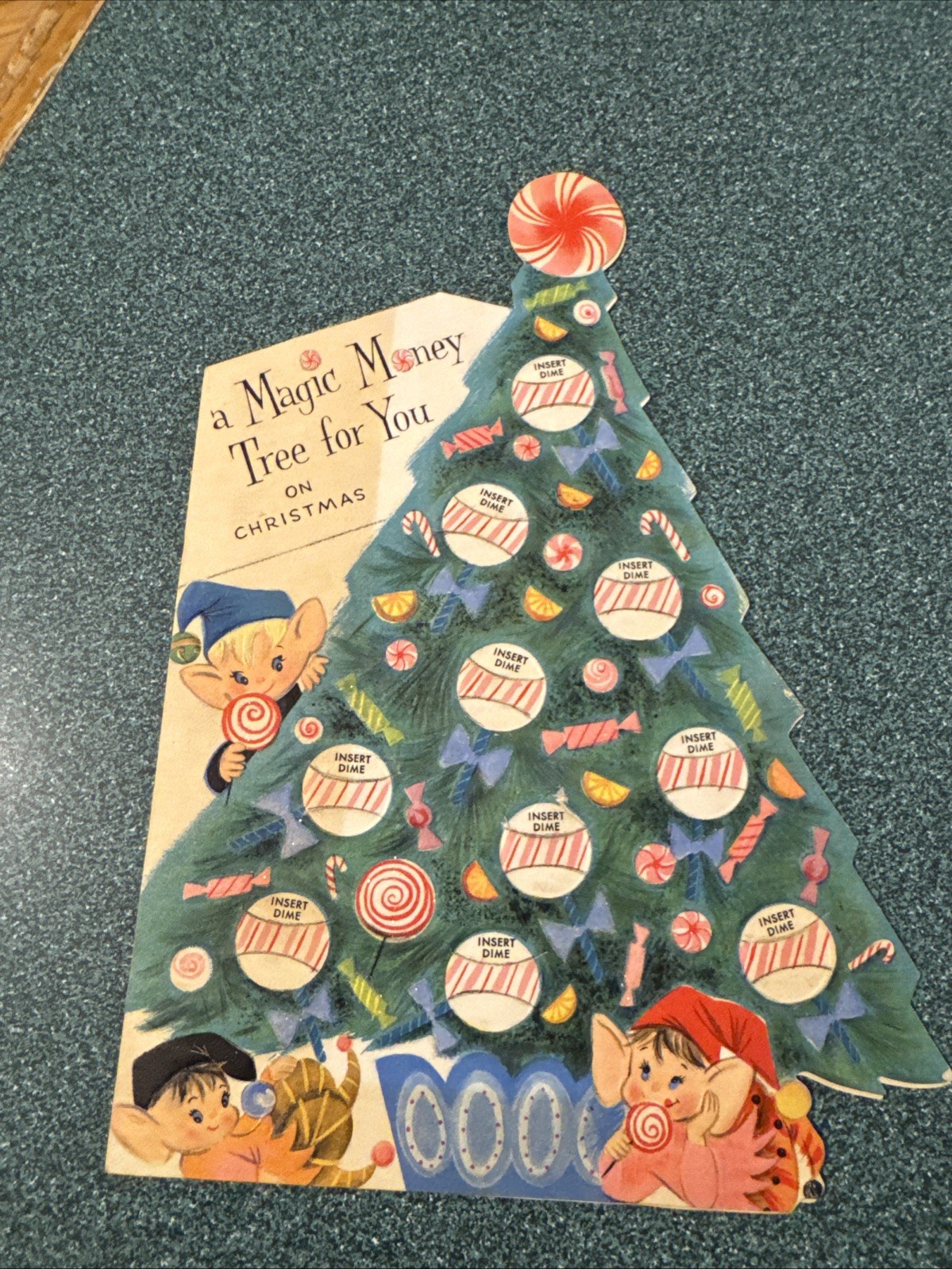 1950’s HALLMARK MAGIC MONEY TREE CHRISTMAS GREETING CARD ELVES CANDY 6.5 X 9”