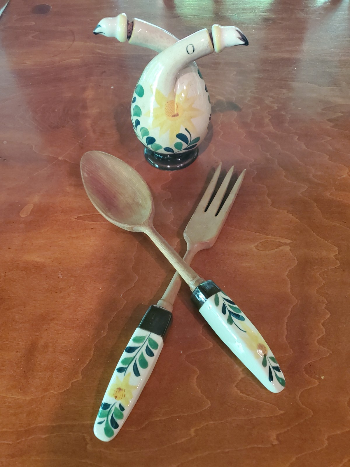 Vintage Double Neck Oil Vinegar Cruet w/ Spoon & Fork  Hand Painted Flowers 