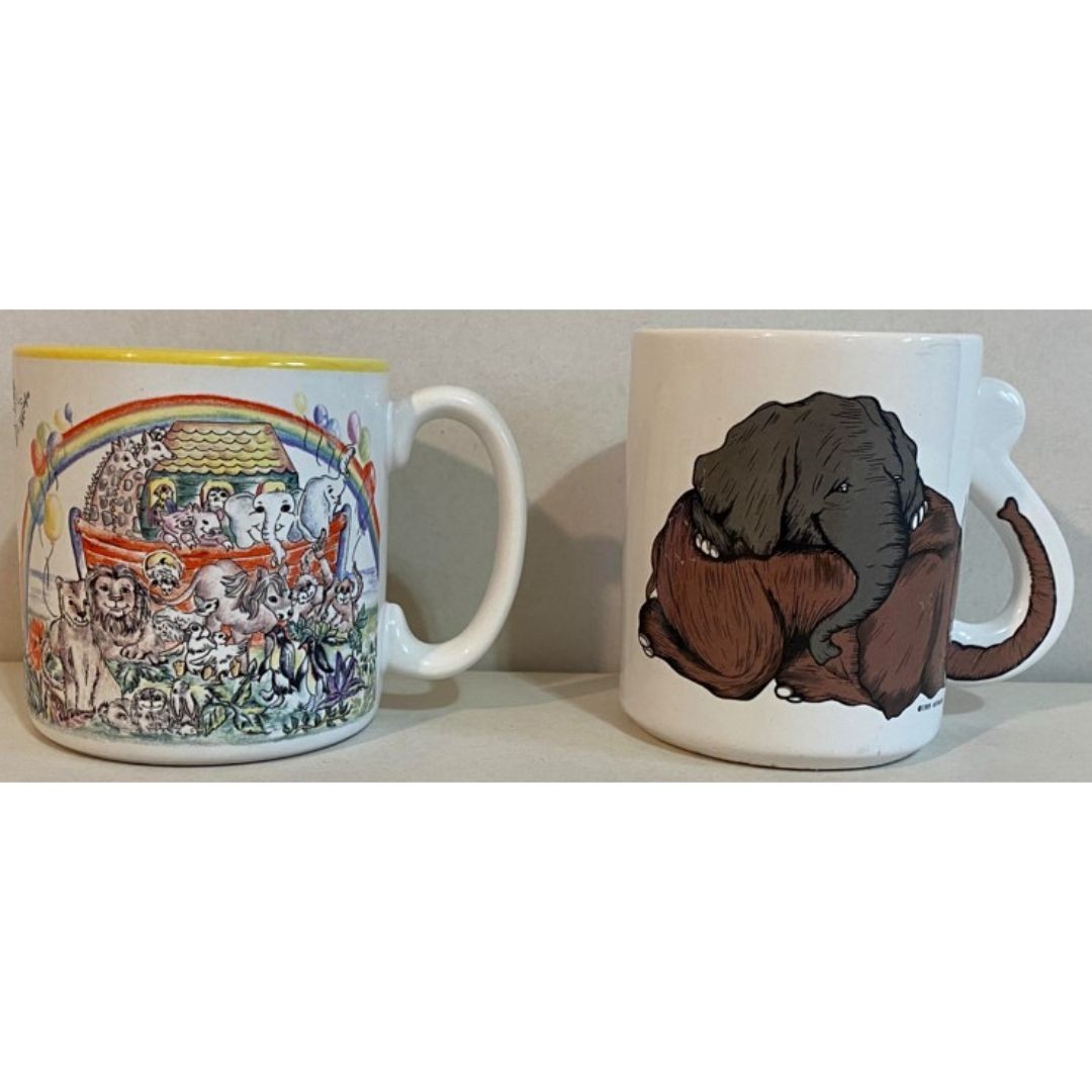 Vintage Noah's Ark & Elephant Coffee Mugs Flowers Inc Balloons 1997 Artmark 1989