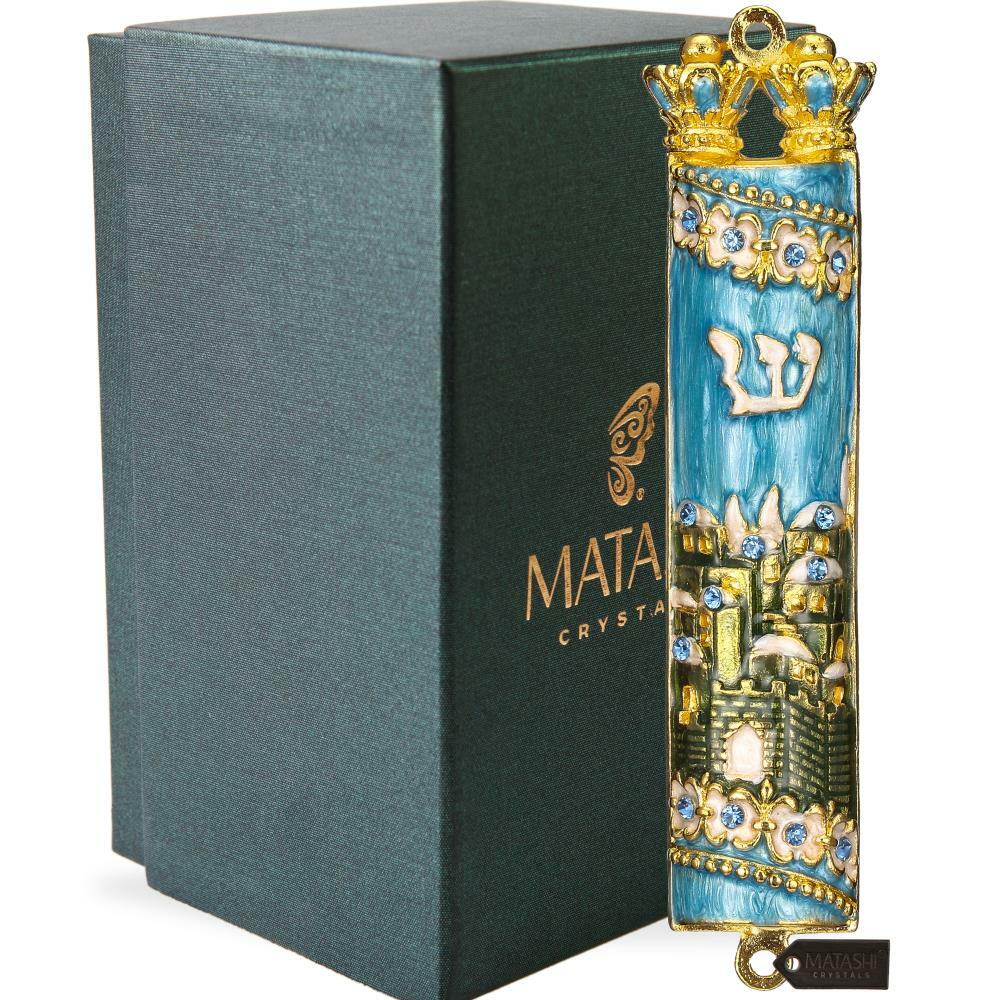 Hand Painted Blue & Green Enamel Mezuzah with Jerusalem City Design by Matashi