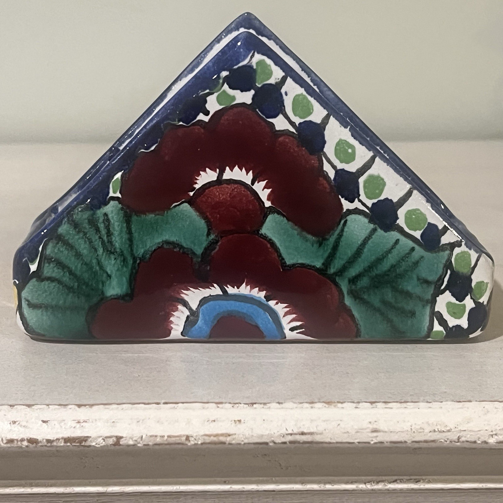 Hand Painted Mexican Talavera Napkin Holder Clay Pottery Folk Art Bright Floral