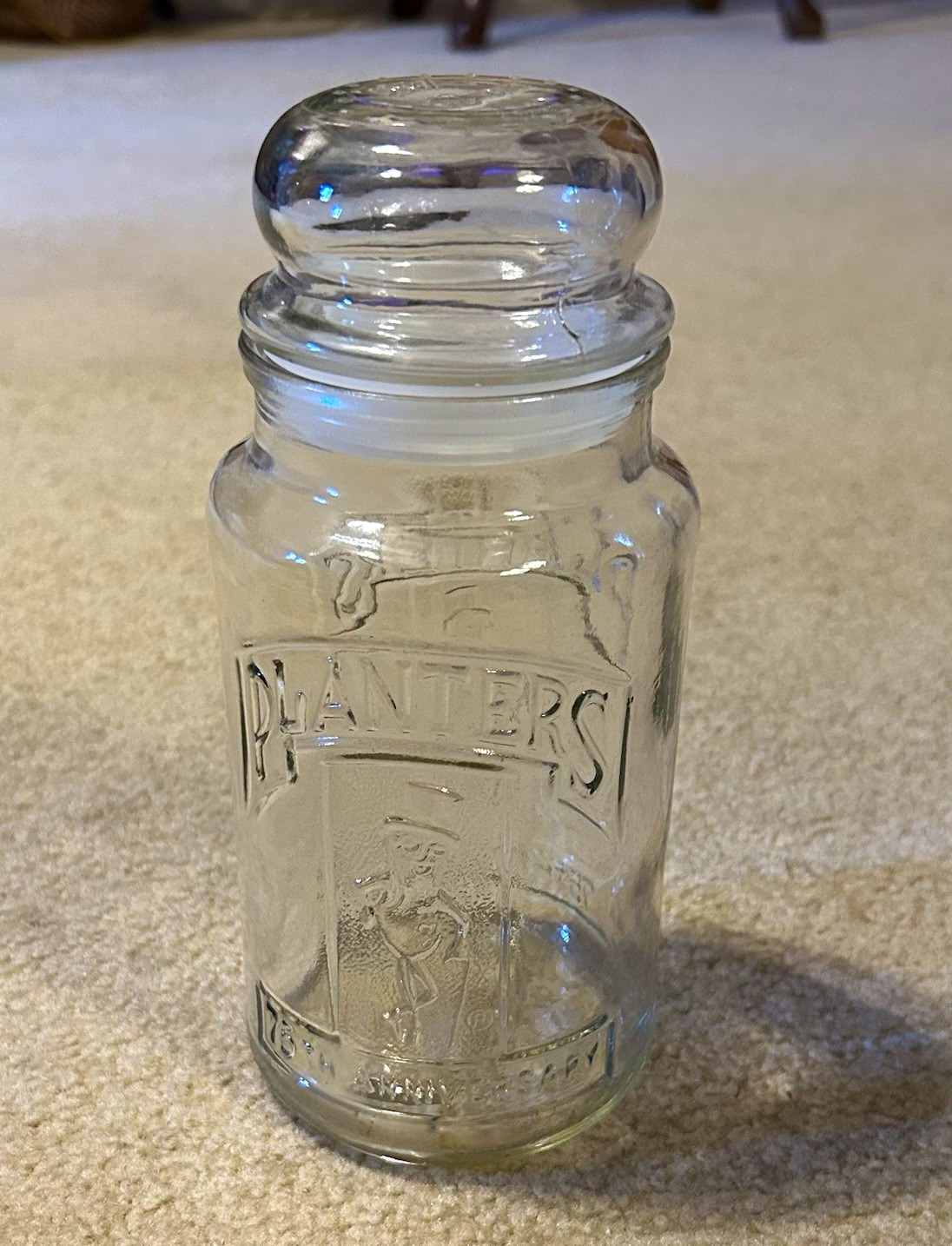 Planters Nuts Vintage Clear Glass Advertising Jar w/ Embossed Logo & Lid