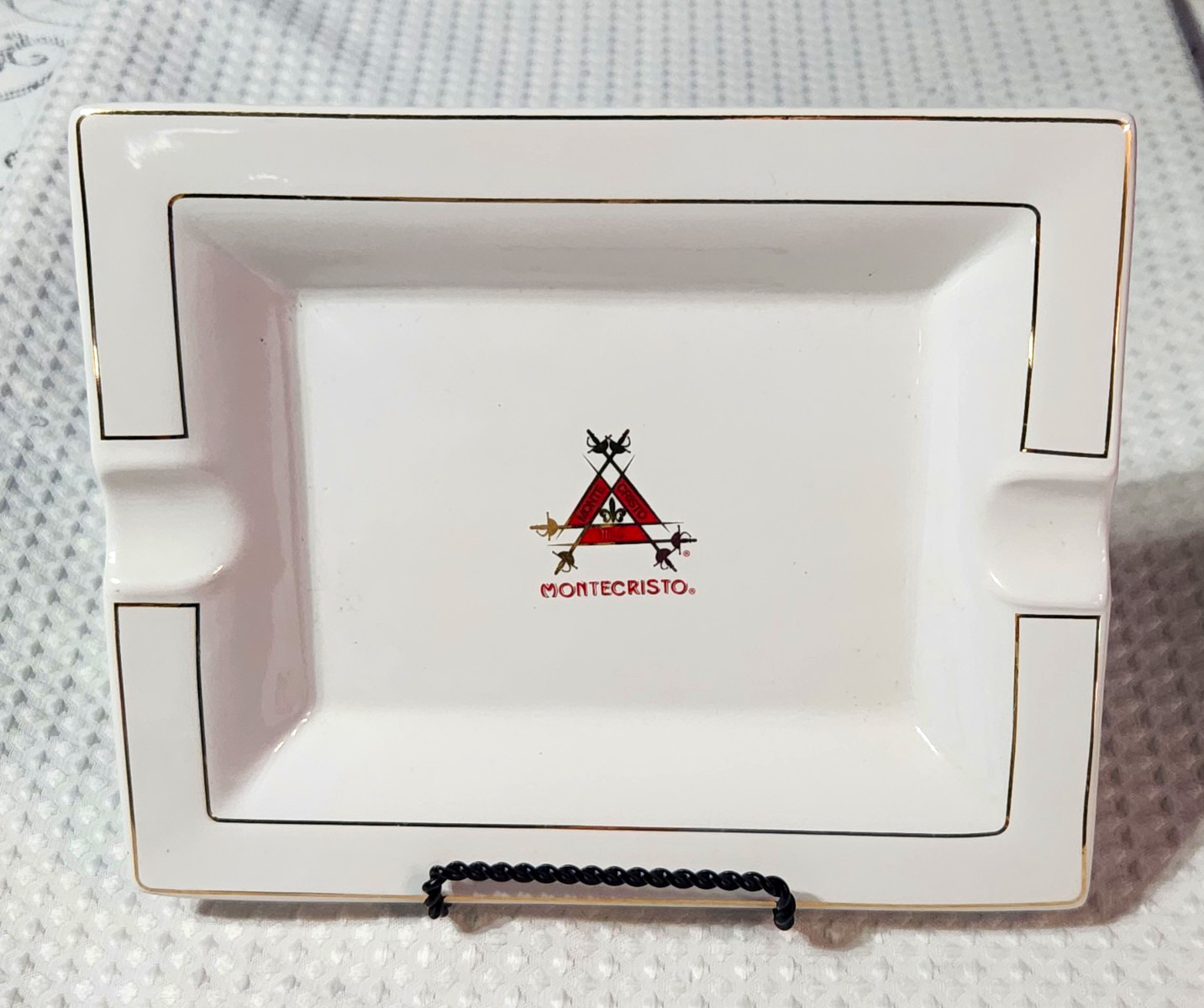 Montecristo White Porcelain Rectangular Cigar Ashtray Gold Trim, Vintage
