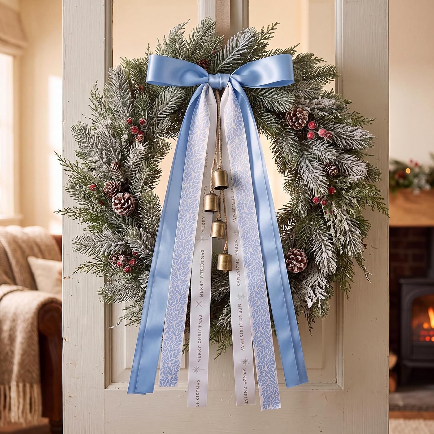 Blue Ribbon Christmas Bow with Bell, 24 Inch, Christmas Ornament