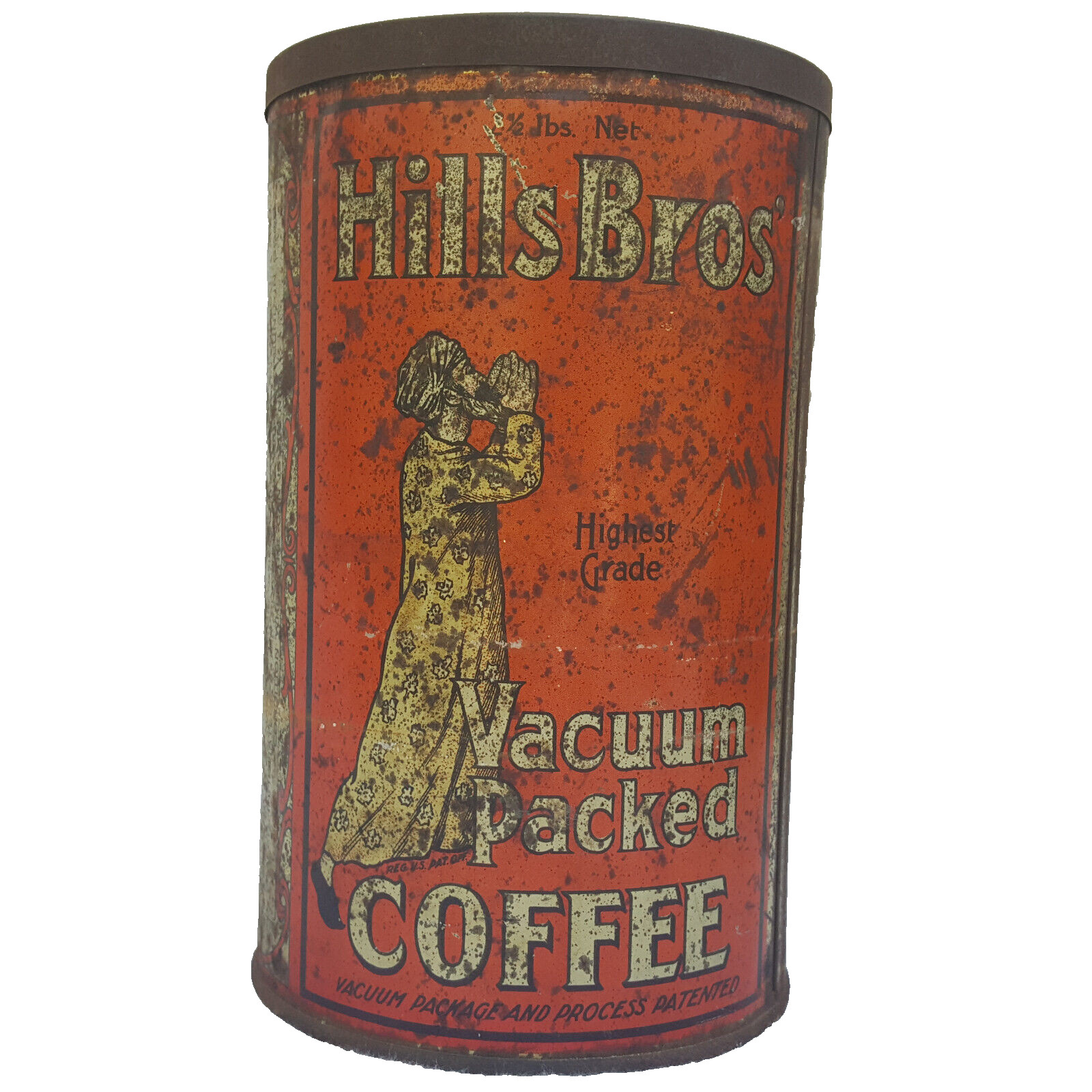 Super Rare Pre-1914 Hills Bros Coffee Tin Highest Grade  2 1/2lb Orange Can wLid