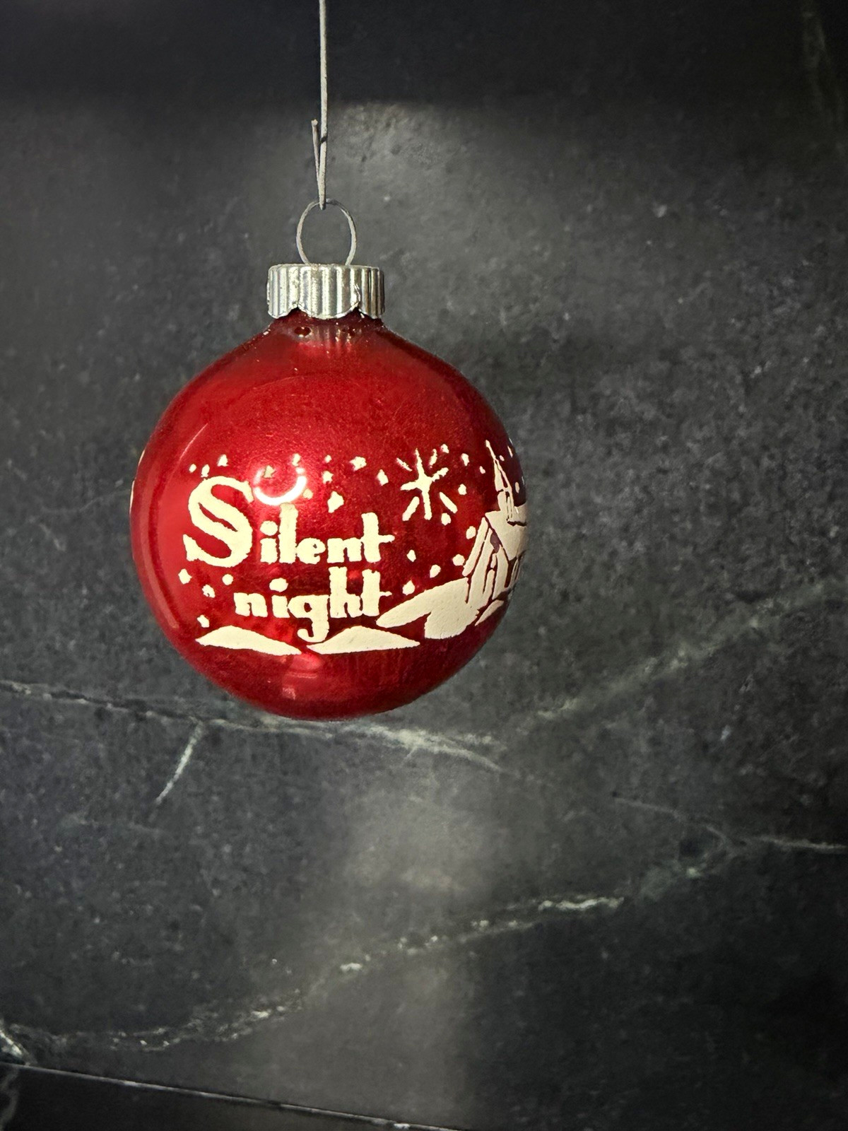 Shiny Brite Red/White Glass Silent Night Church Round Ornament USA Stenciled vtg