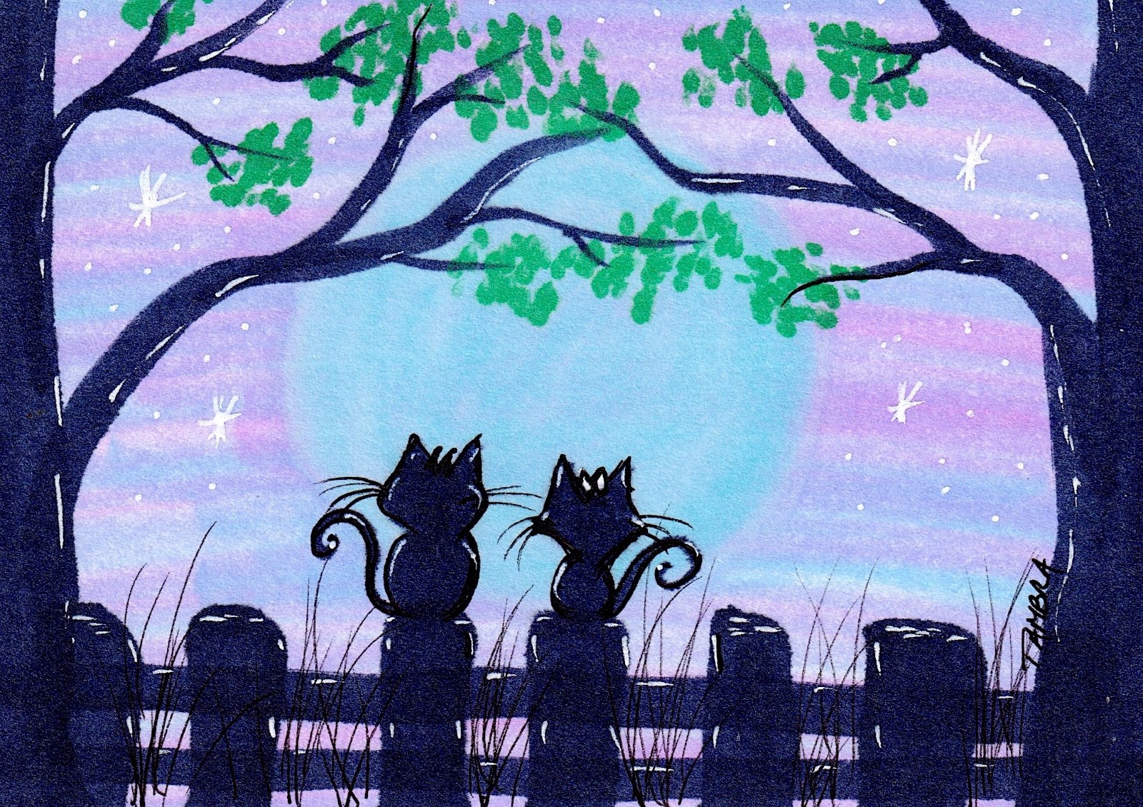 Tambra ACEO Original Art Painting Silhouette Black Cats Night Moon Trees Stars